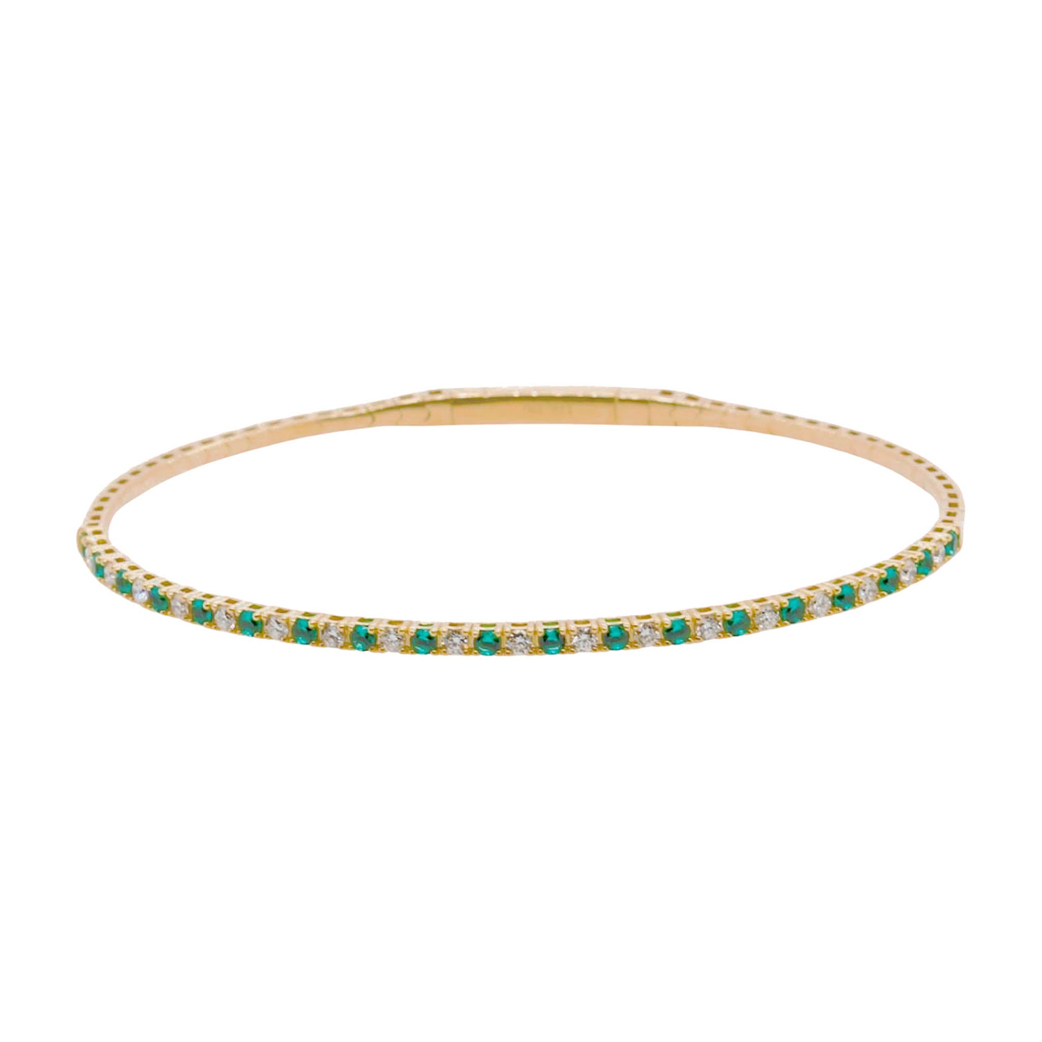Round Emerald And Diamond Alternating Flexible Bangle Bracelet