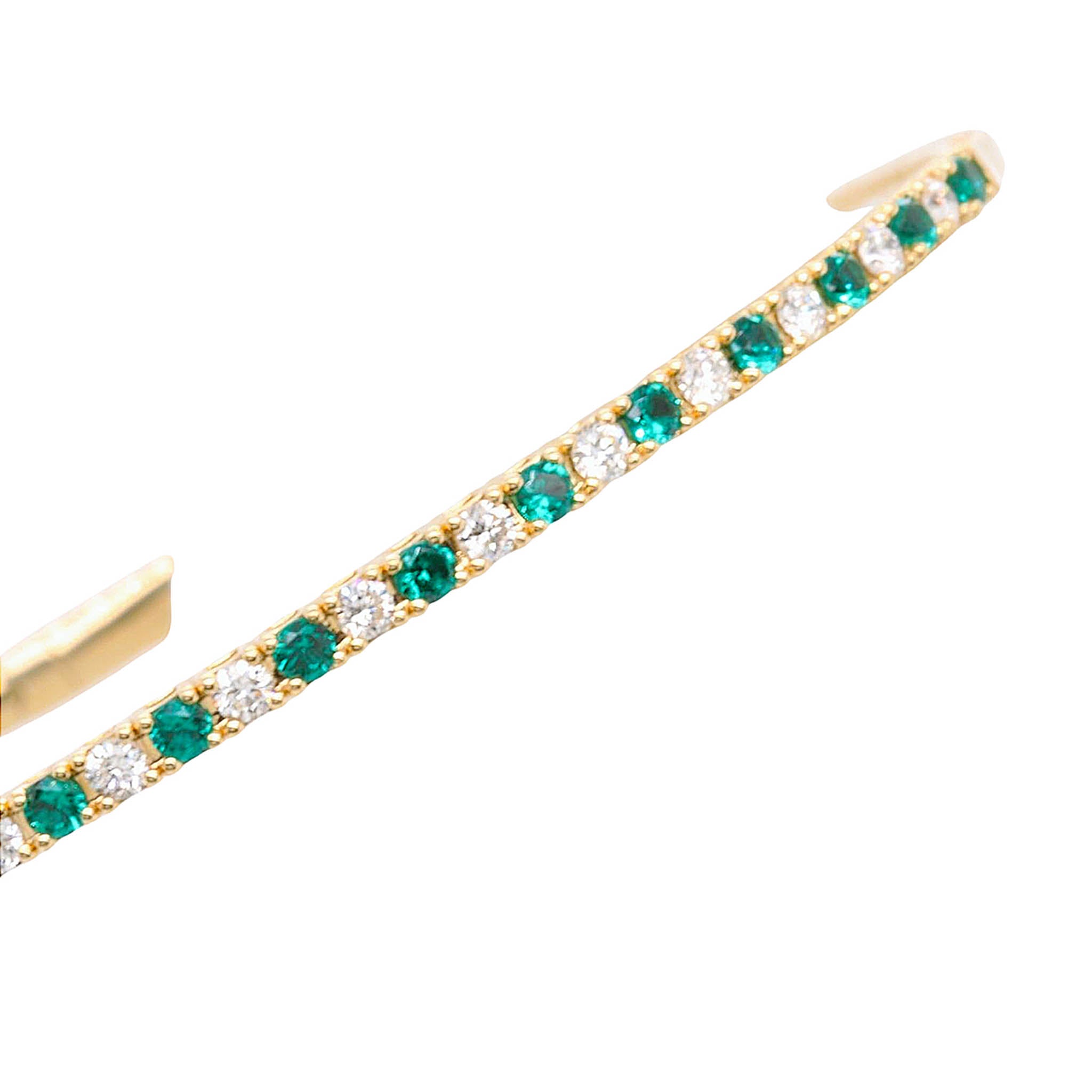 Round Emerald And Diamond Alternating Flexible Bangle Bracelet