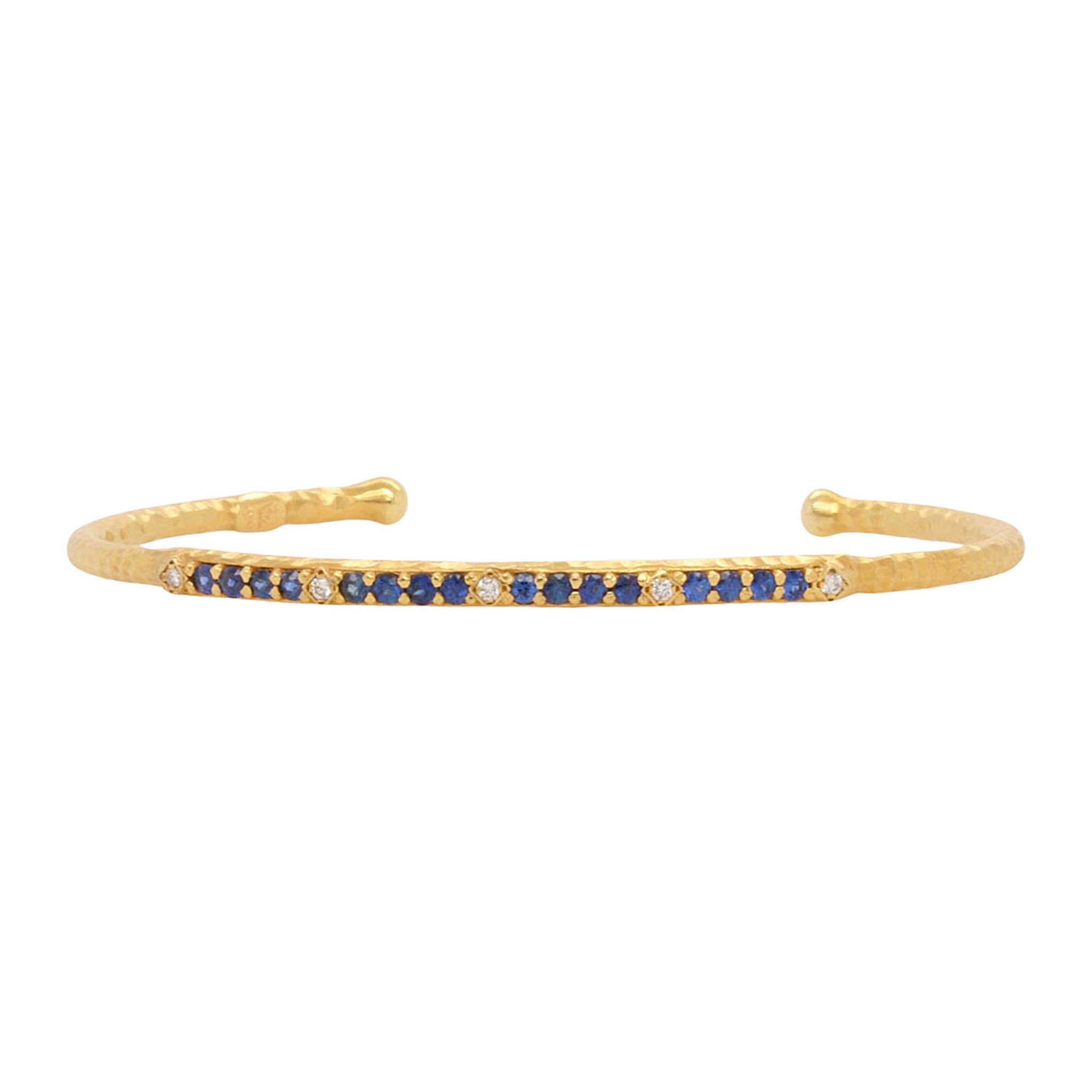 Sapphire And Diamond Thin Cuff Bracelet In Hammered Gold
