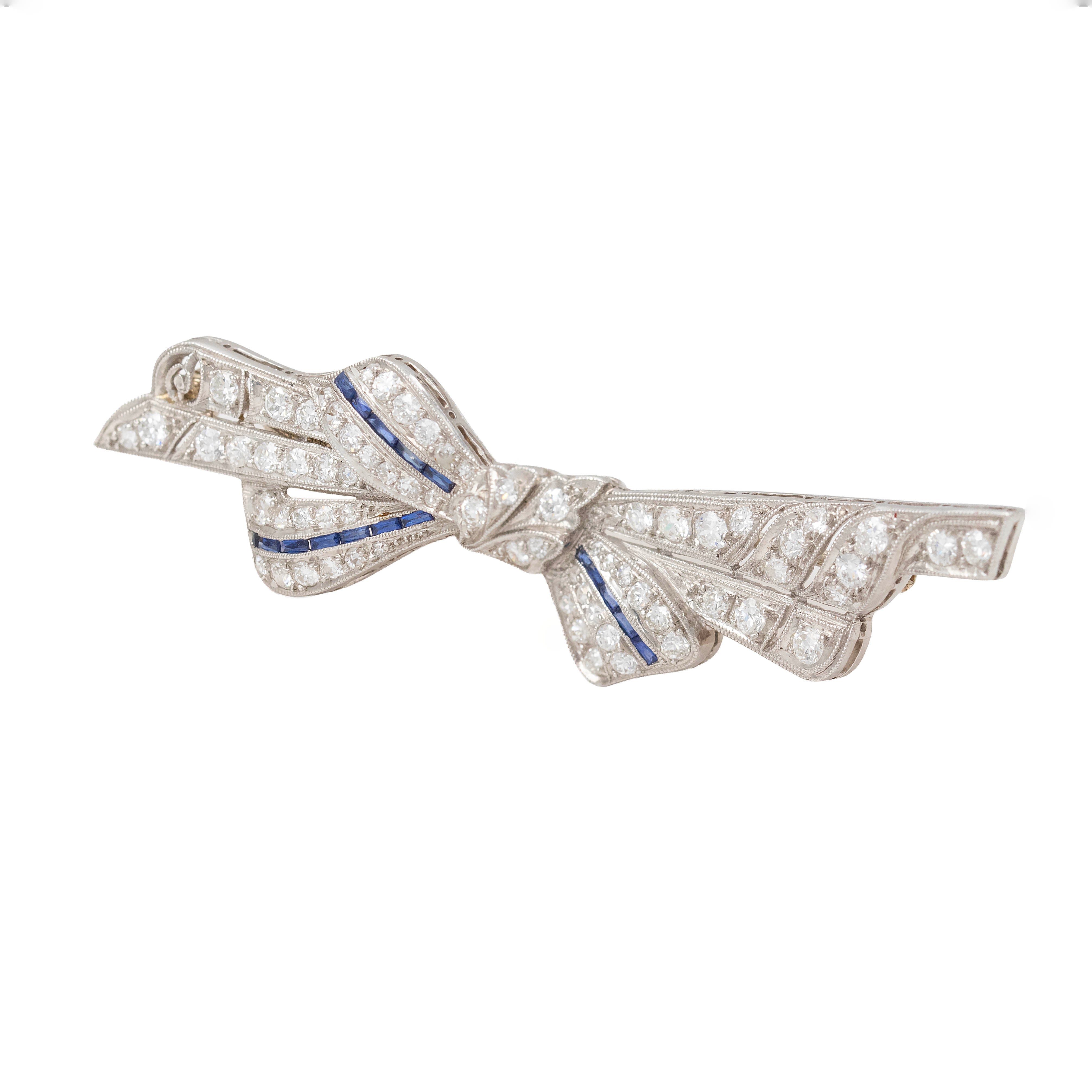 Estate Diamond And Sapphire Bow Pin