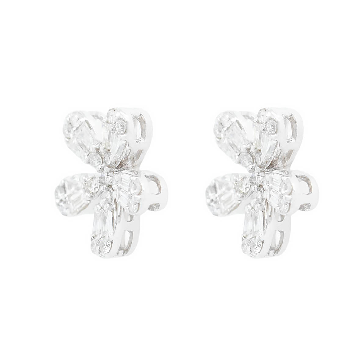 Baguette And Round Diamond Flower Button Earring In White Gold