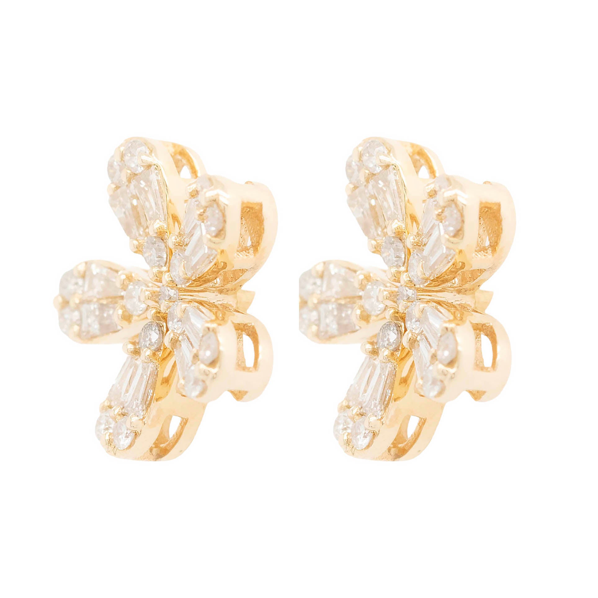 Baguette And Round Diamond Flower Button Earring In Yellow Gold