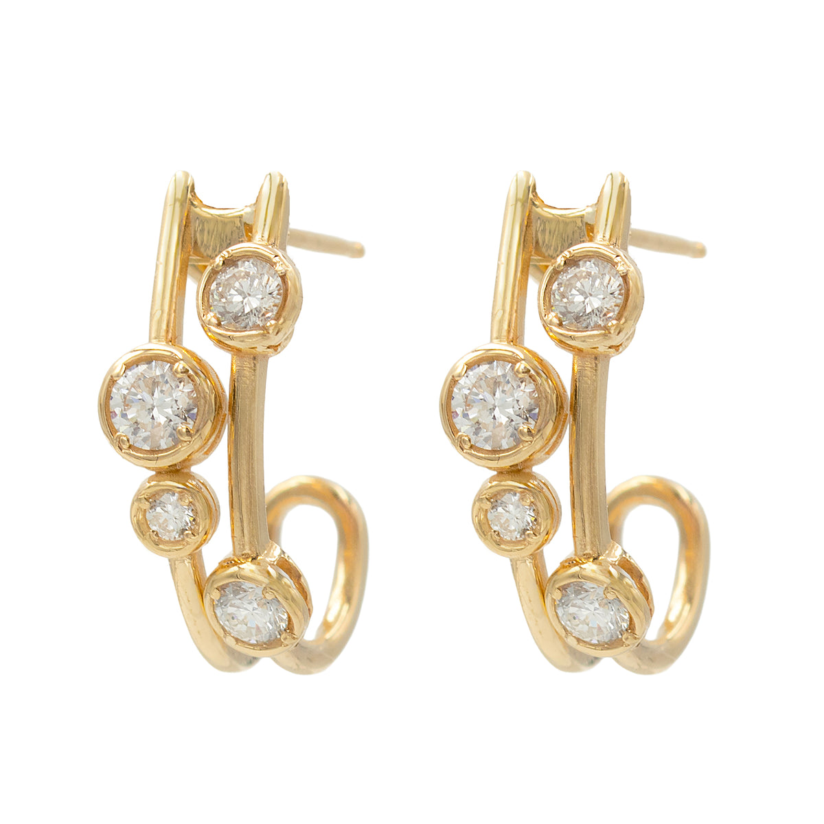 Double Row Bezel Set Diamond J Hoop Earrings