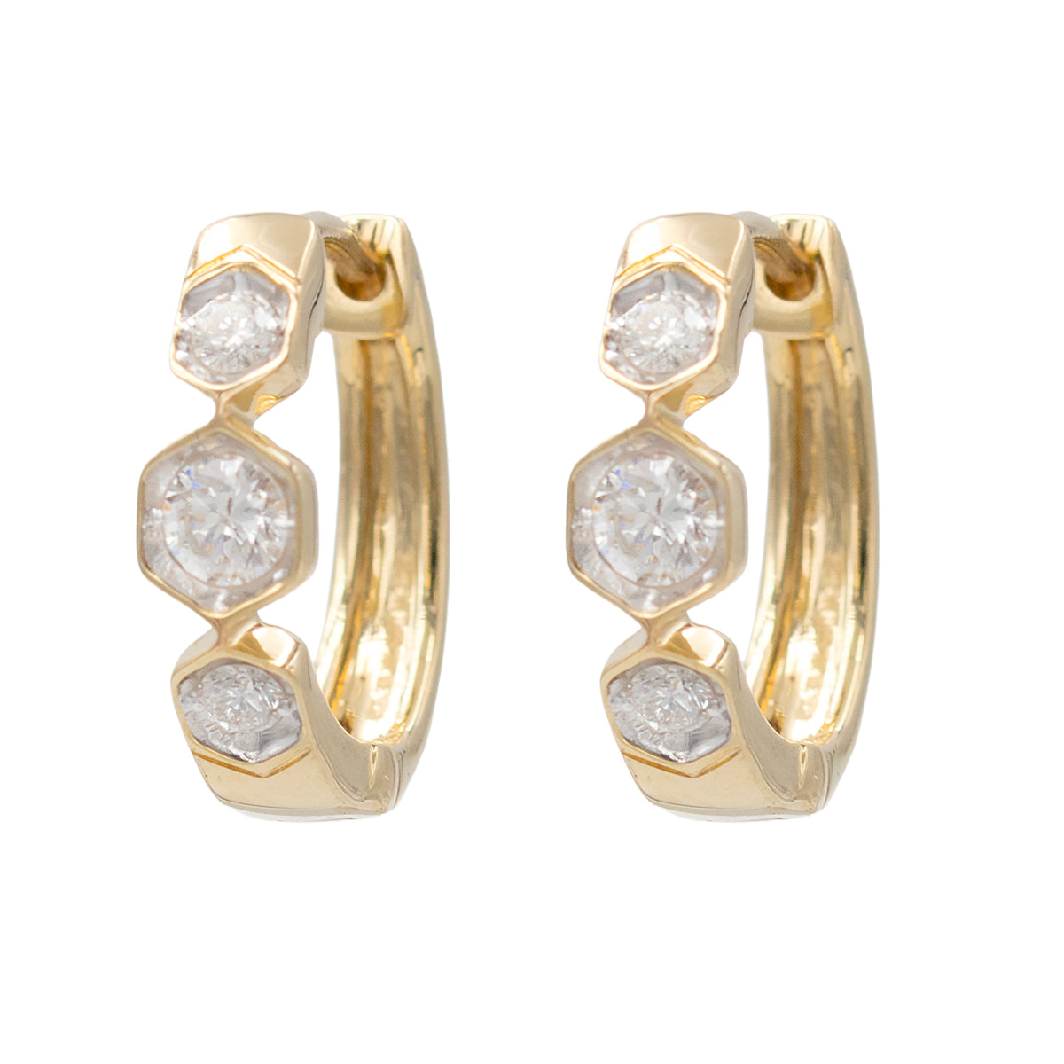 Three Diamond Front Huggie Hoop Earrings