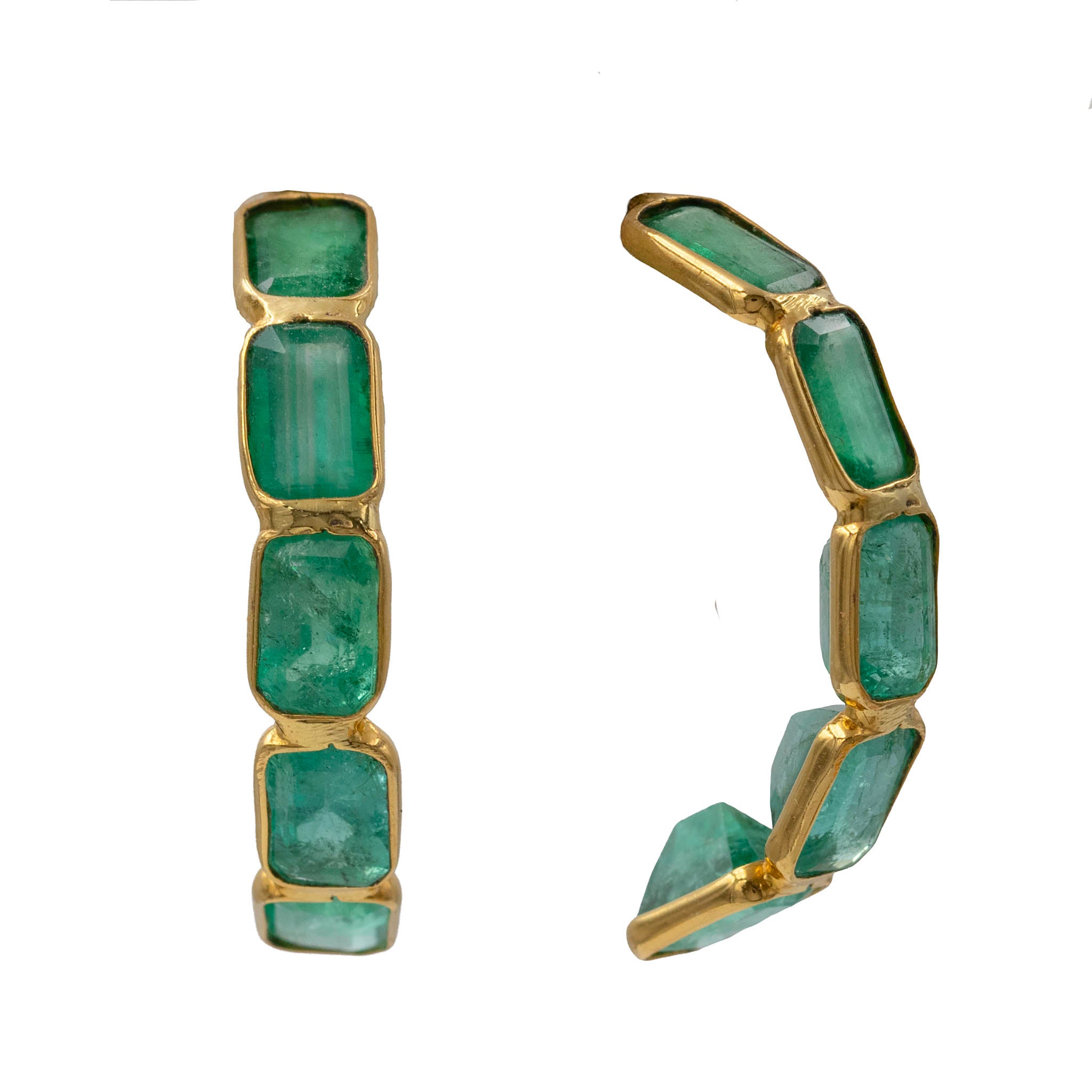 Bezel Set Emerald Cut Emerald Half Hoop Earrings