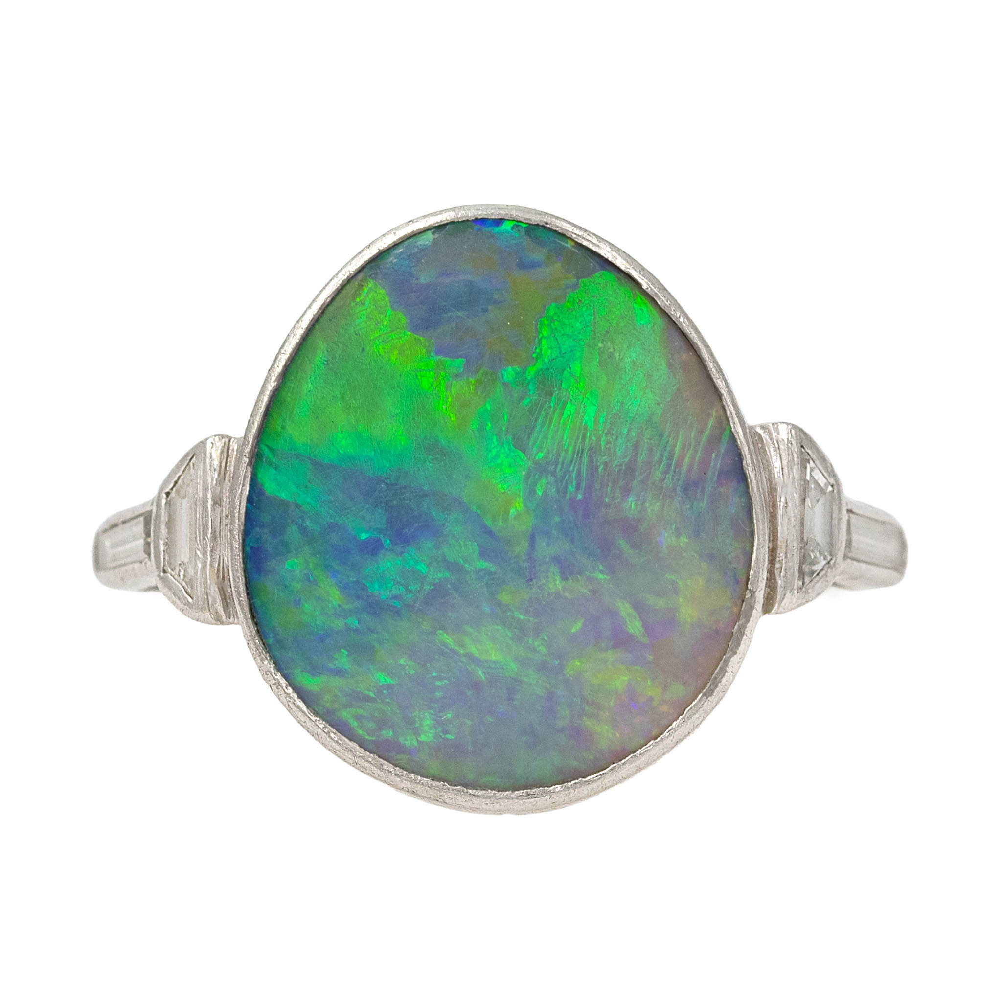 Large Round Opal With Side Diamonds In Platinum
