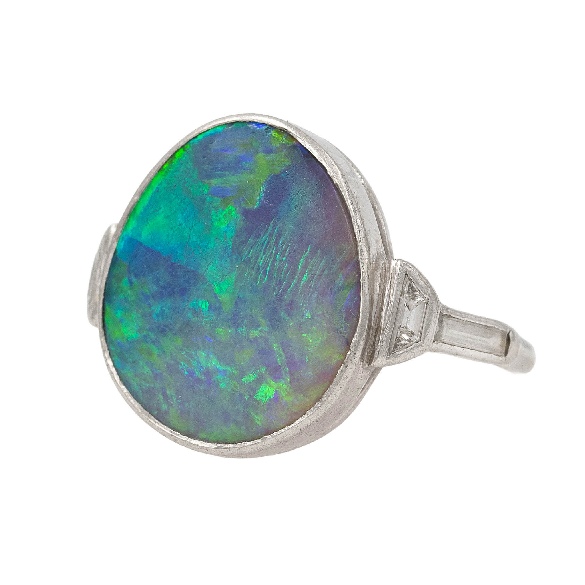 Large Round Opal With Side Diamonds In Platinum