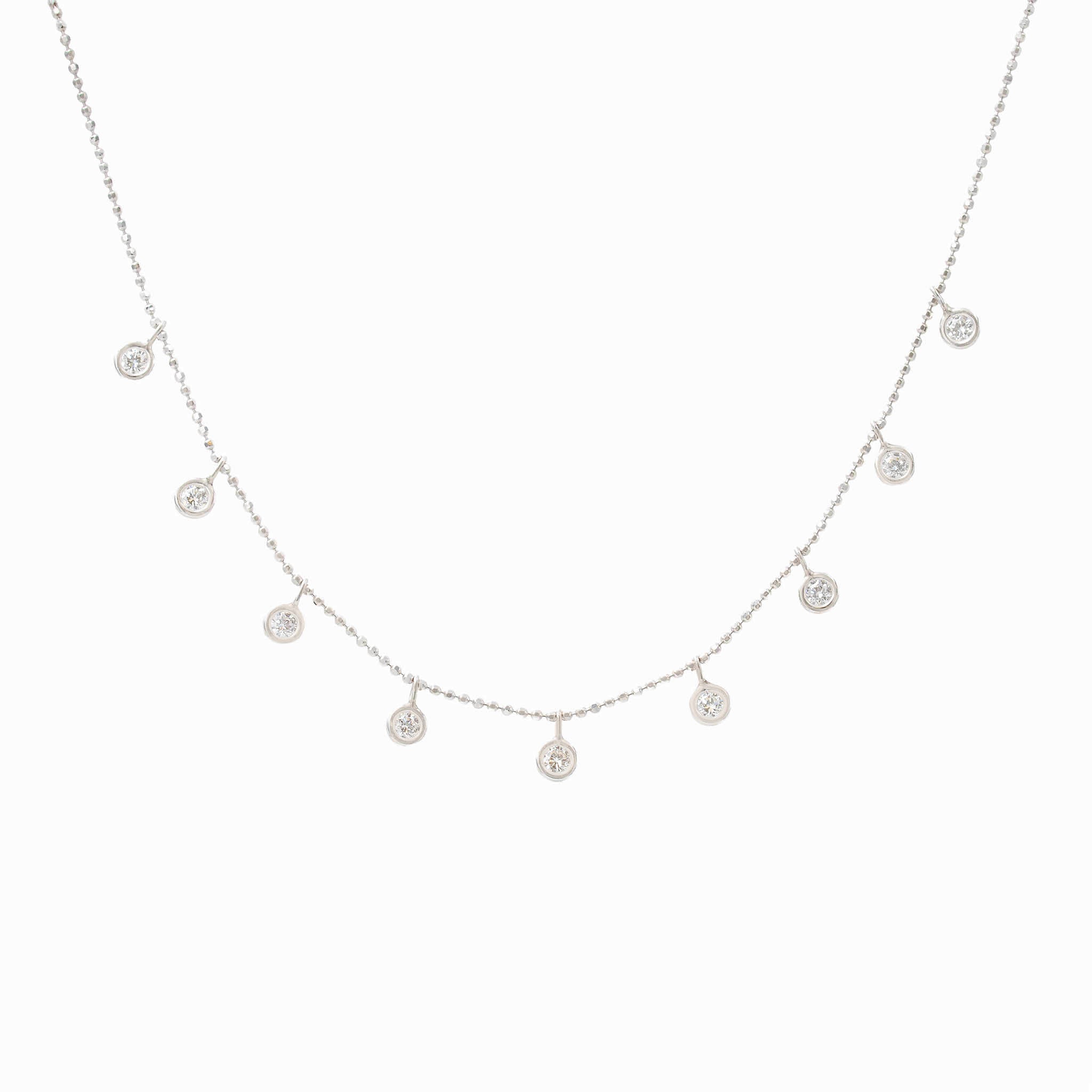 White Gold Bezel Set Diamond Drop Necklace On Beaded Chain