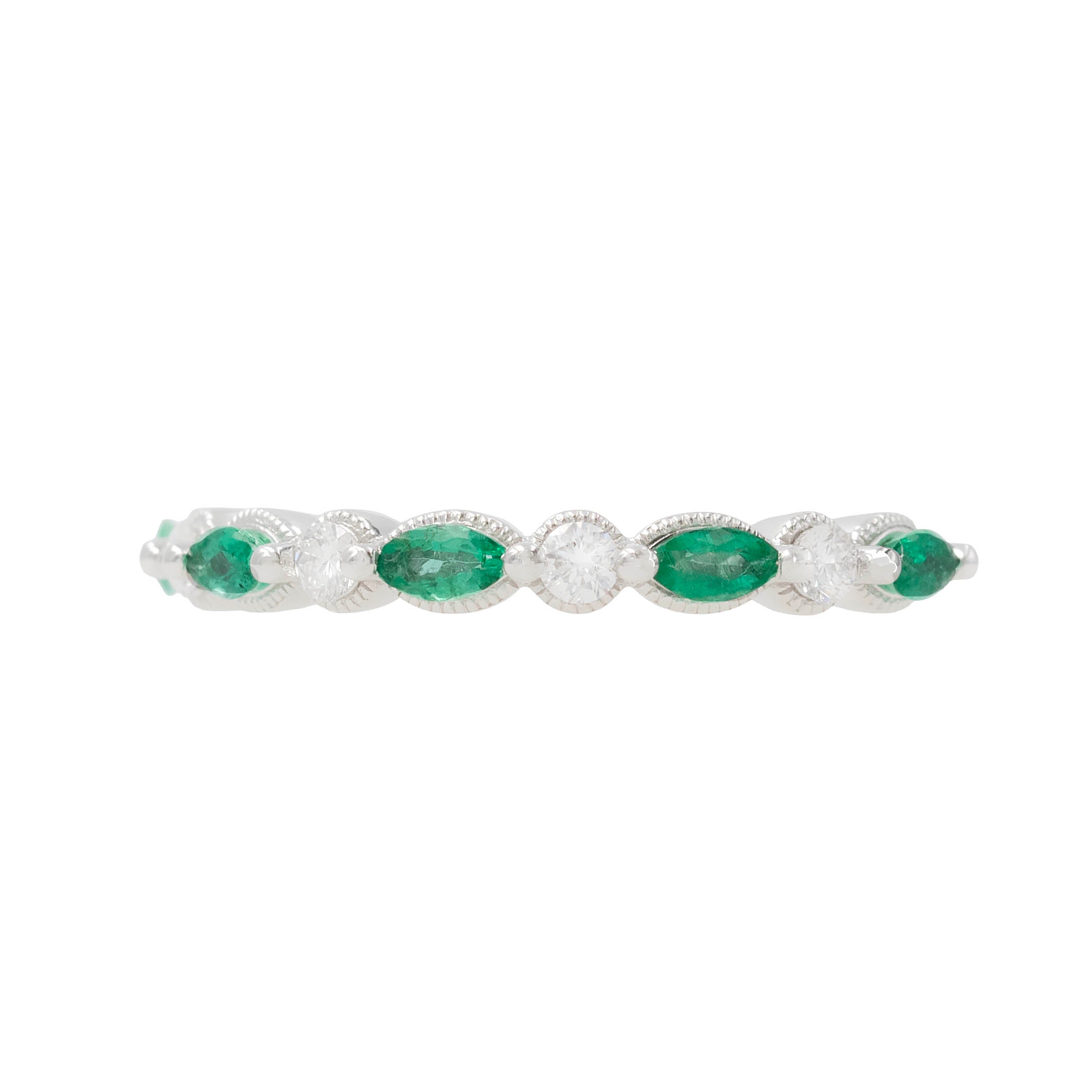 Marquise Emerald And Round Diamond Band With Milgrain