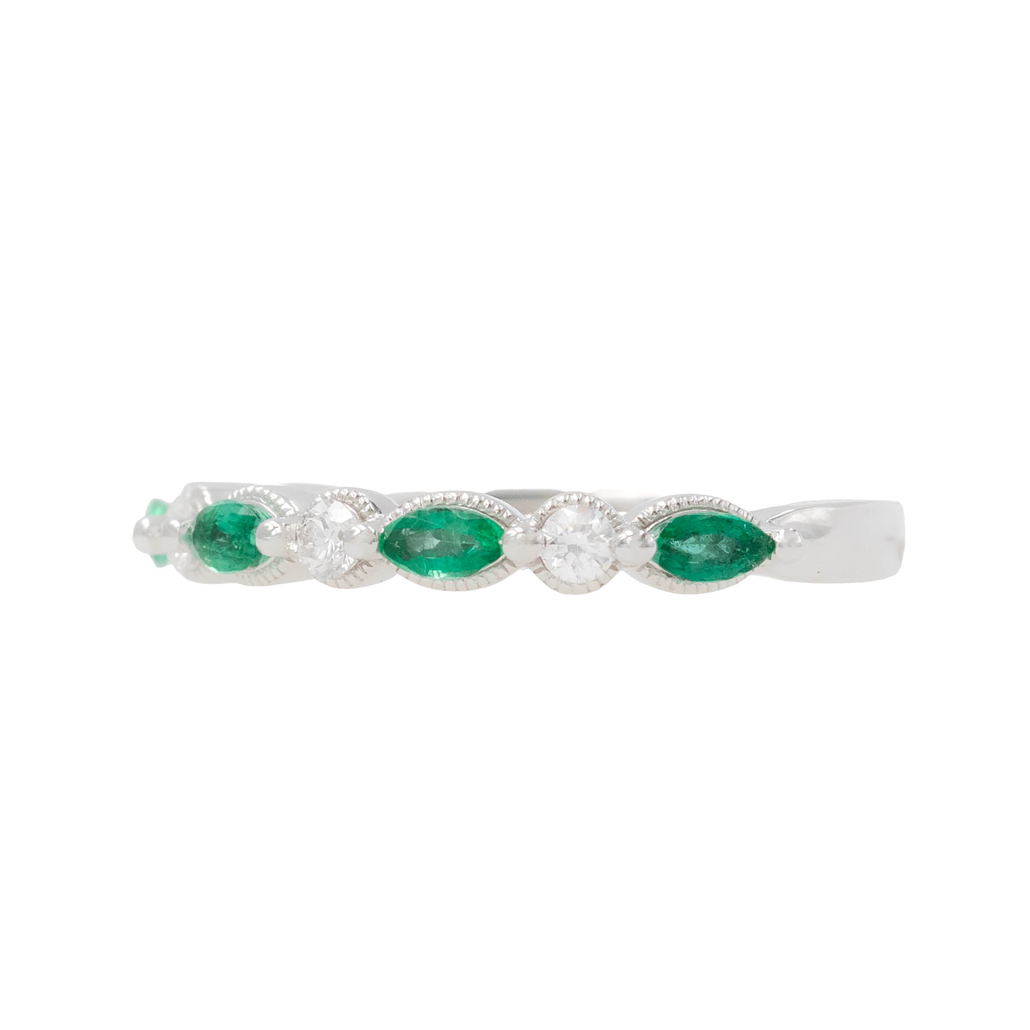 Marquise Emerald And Round Diamond Band With Milgrain