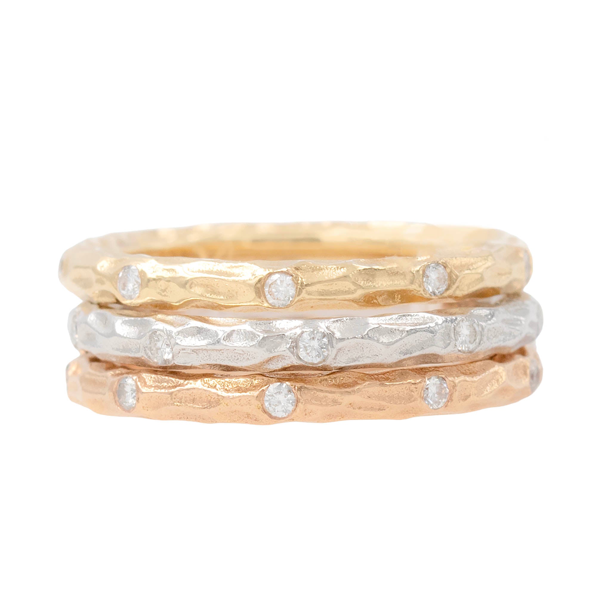 Tricolor Stack Of Textured Matte Finish Bands With Flush Set Diamonds