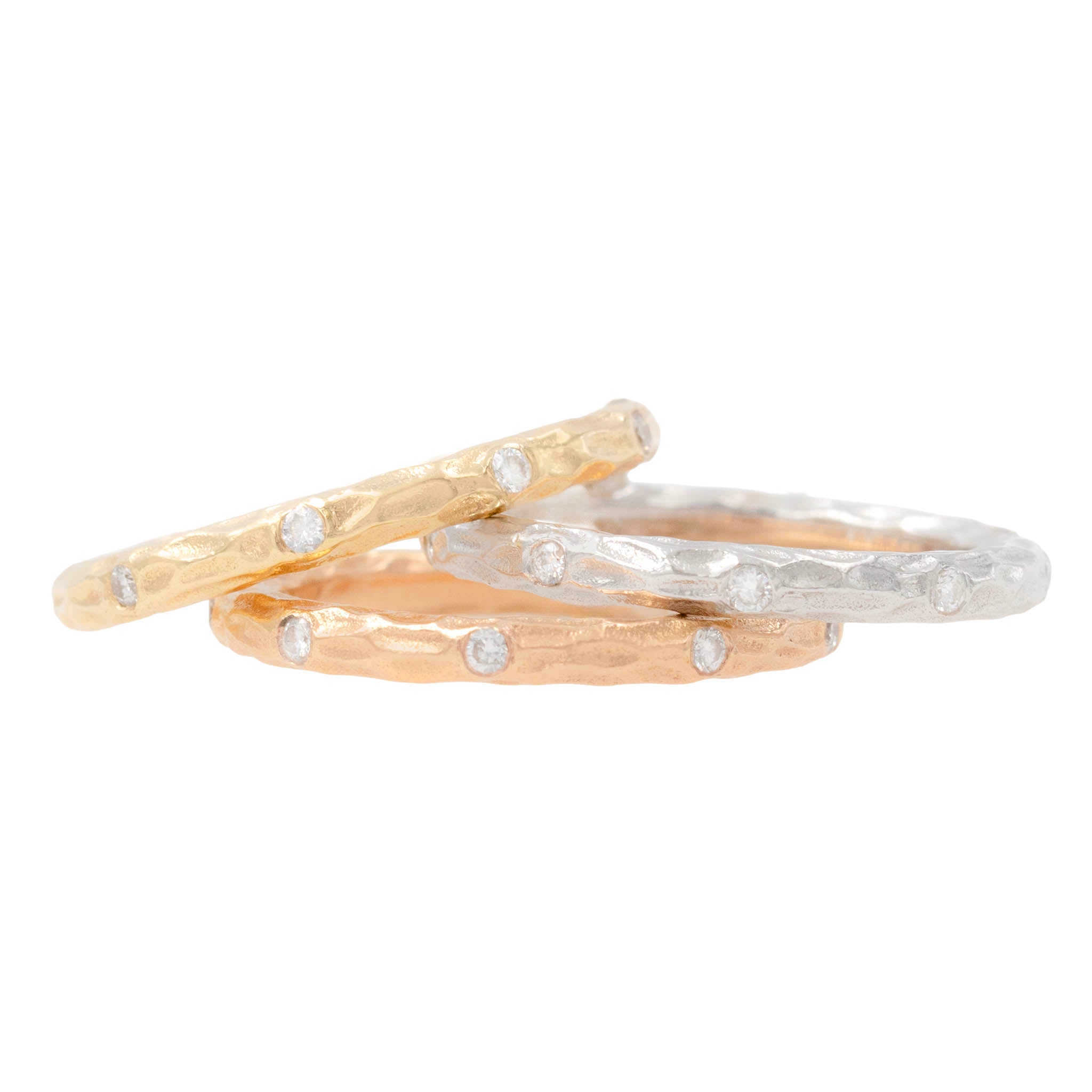 Tricolor Stack Of Textured Matte Finish Bands With Flush Set Diamonds