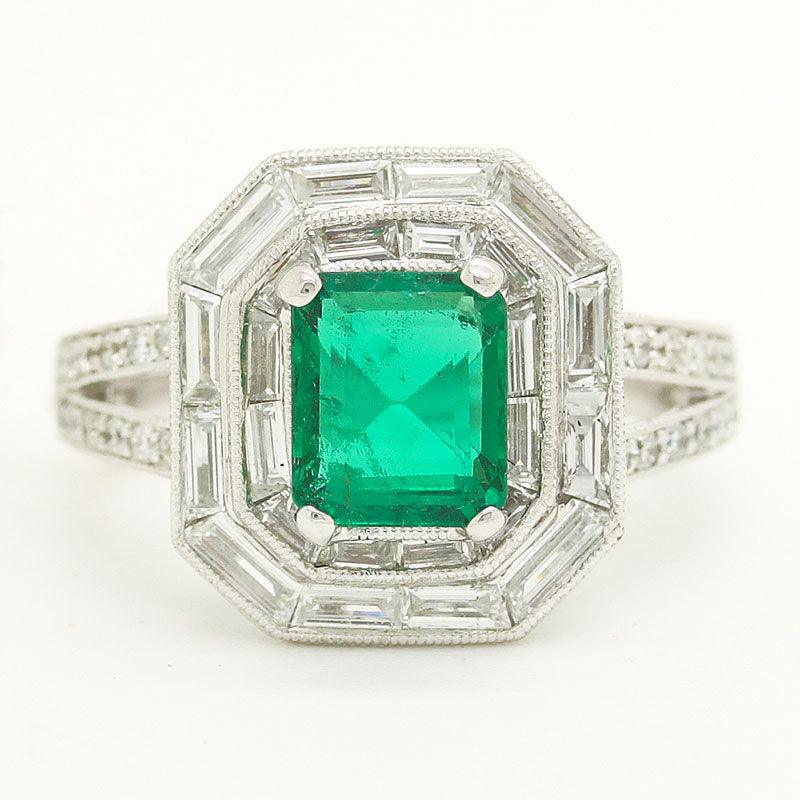 Deco-Style Large Emerald Ring Surrounded By Baguette And Round Diamonds