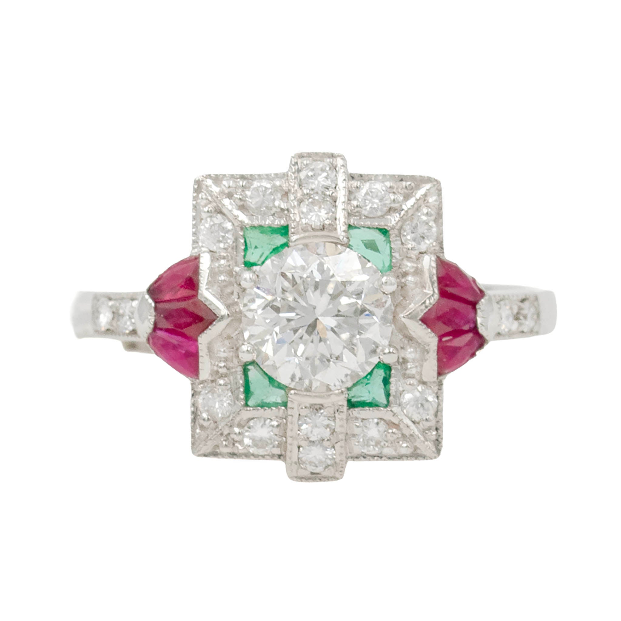 Deco Style Diamond Ring With Ruby And Emerald Accents