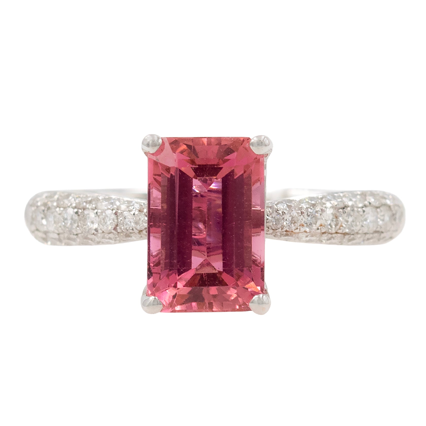 Emerald Cut Pink Tourmaline Ring With Diamond Shank