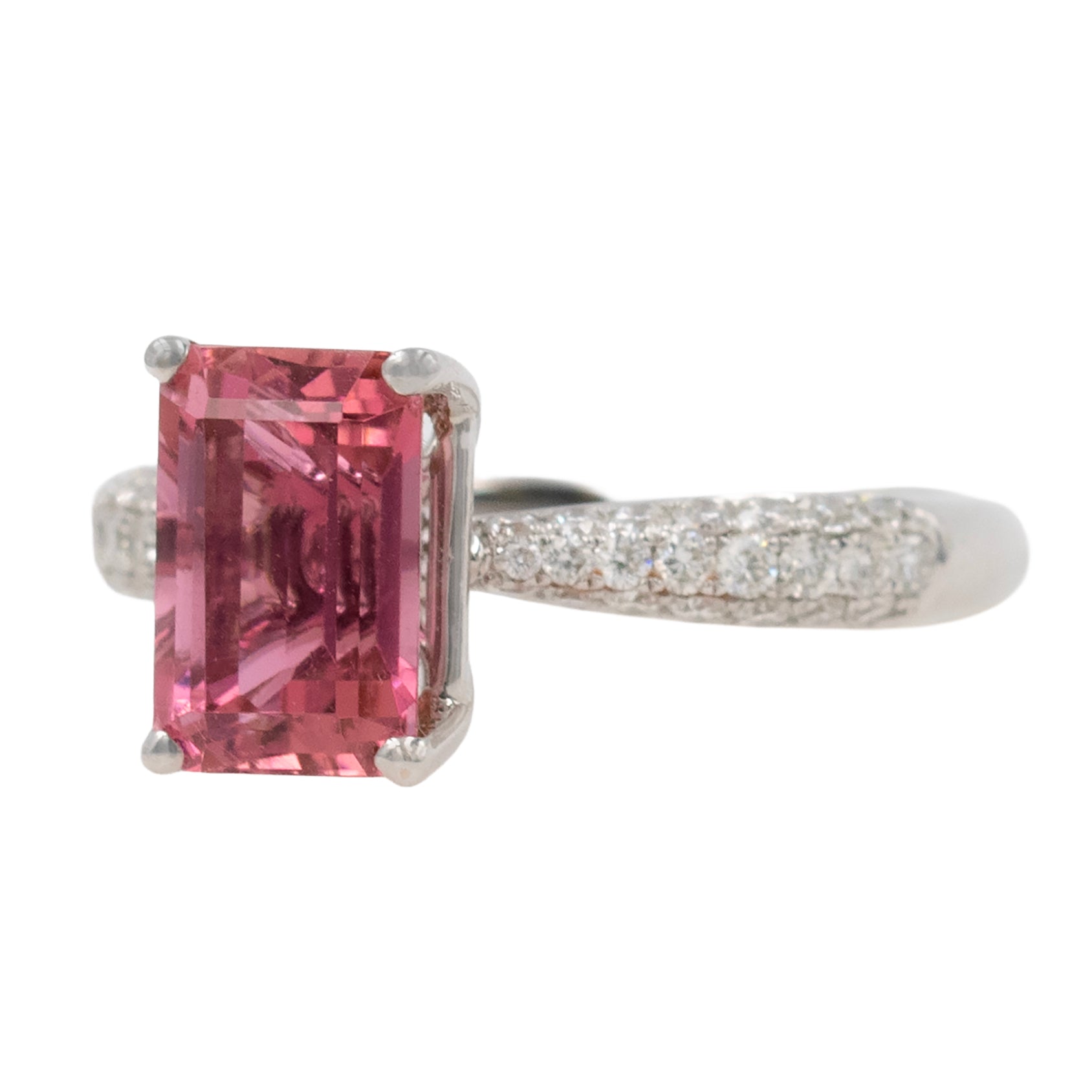 Emerald Cut Pink Tourmaline Ring With Diamond Shank
