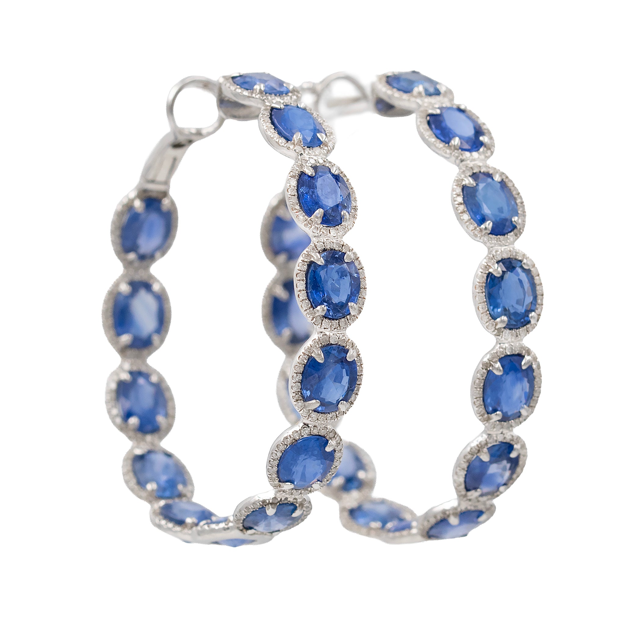 Large Oval Sapphire Hoop Earrings With Diamond Halos