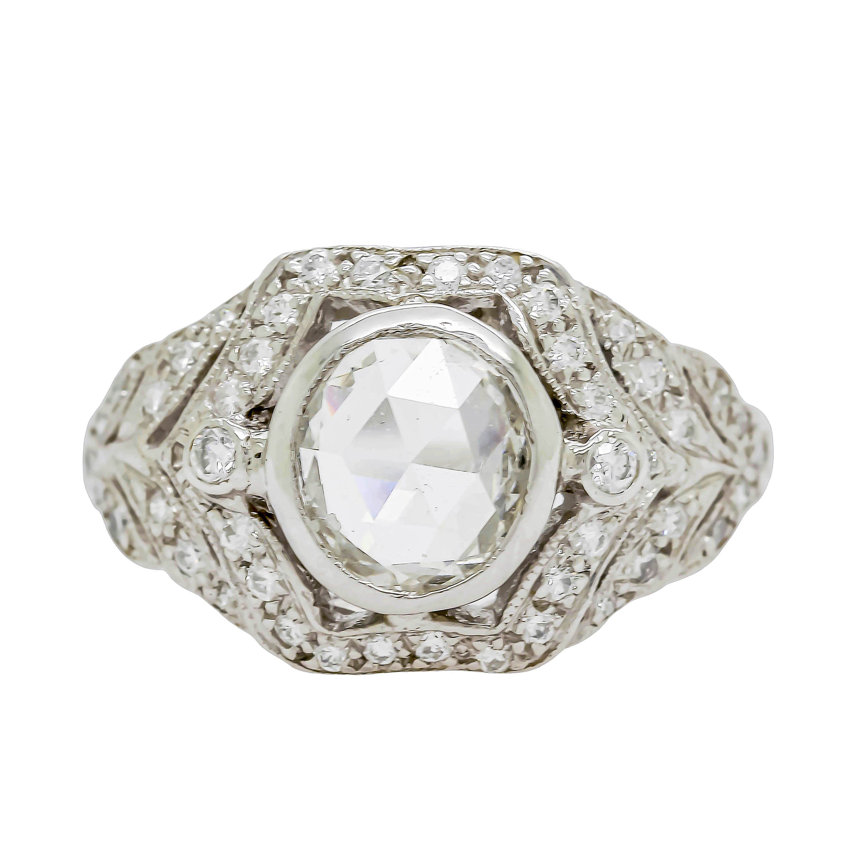 Rose Cut Diamond Ring In Ornate Setting With Diamonds