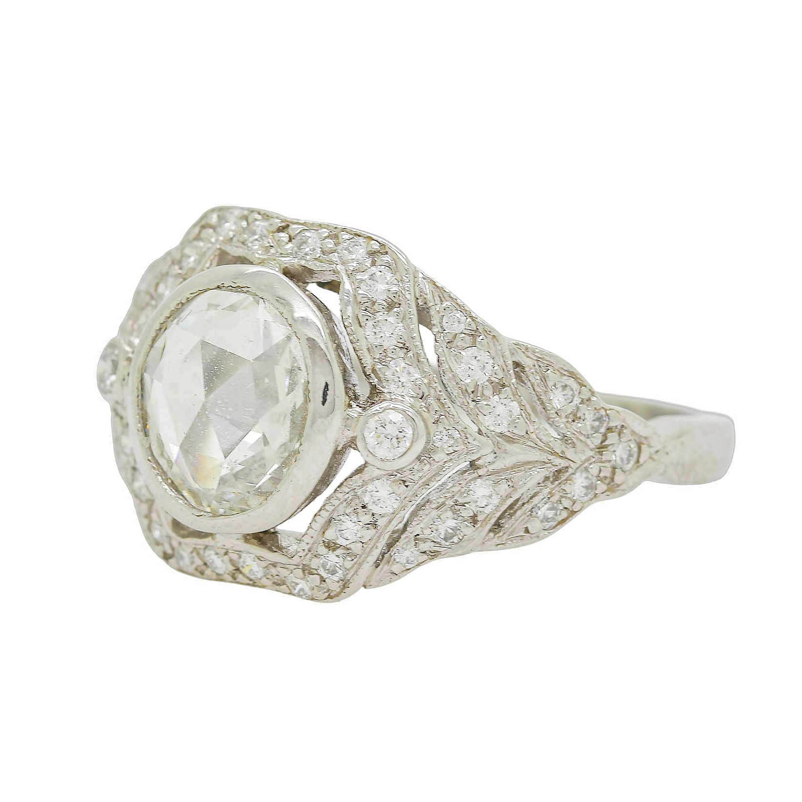 Rose Cut Diamond Ring In Ornate Setting With Diamonds