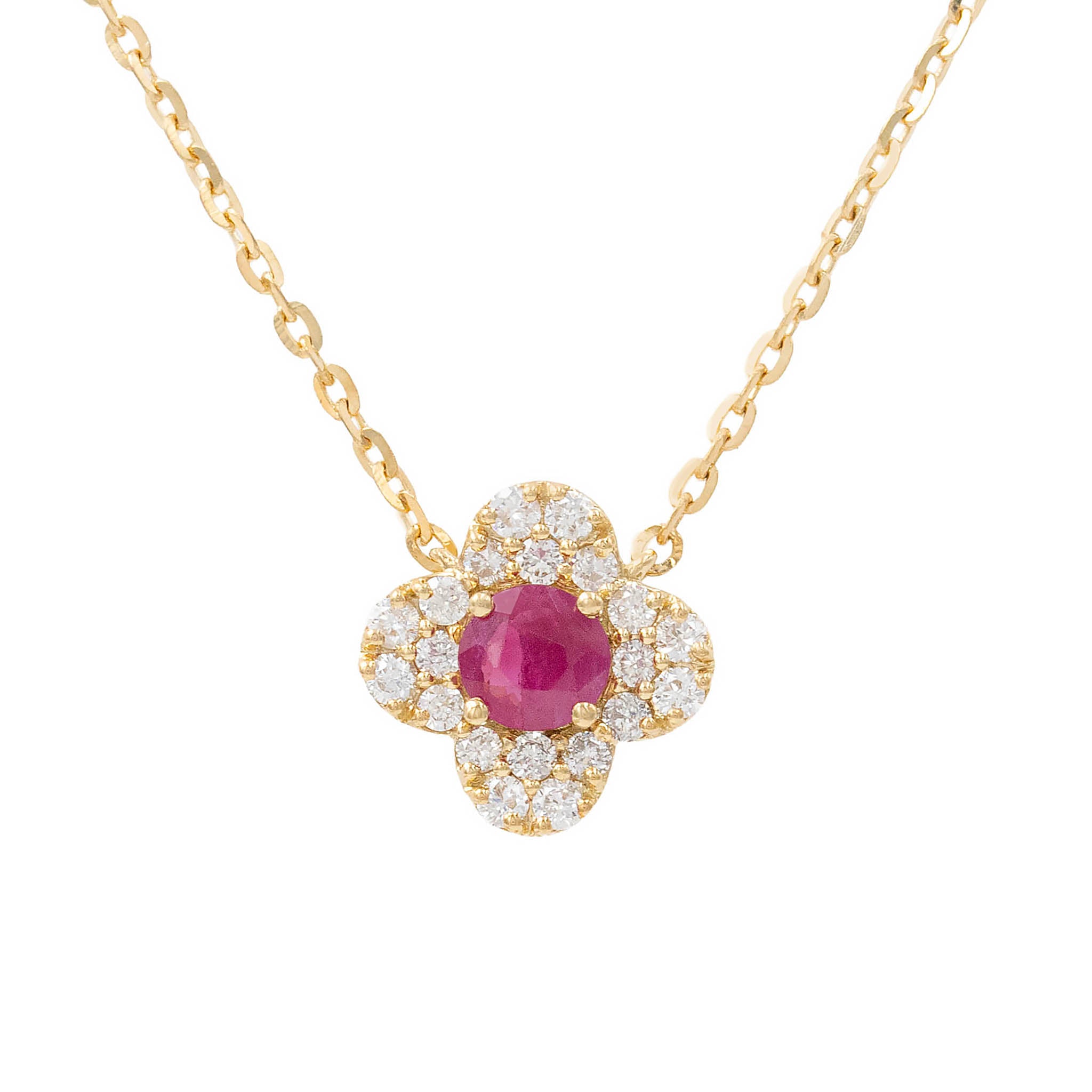 Ruby Pendant With Diamond Clover Halo Necklace