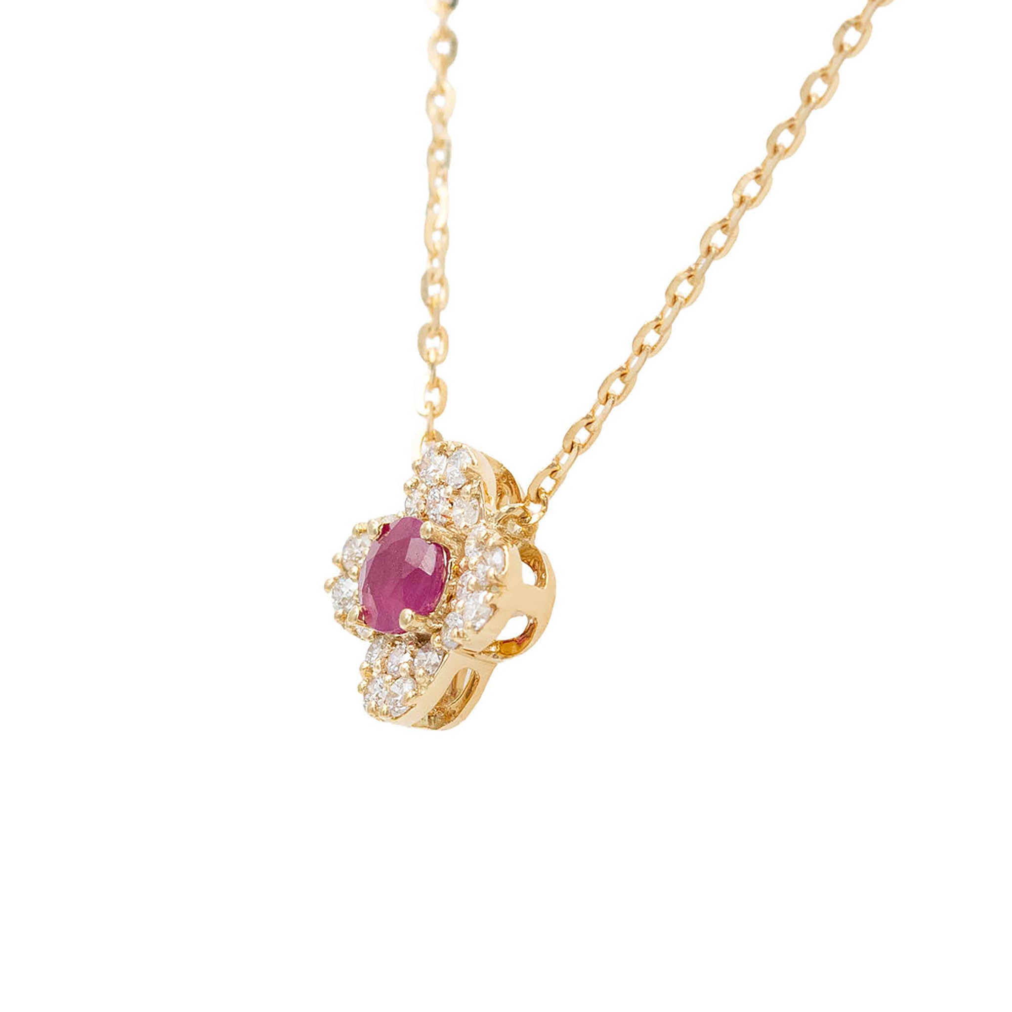 Ruby Pendant With Diamond Clover Halo Necklace