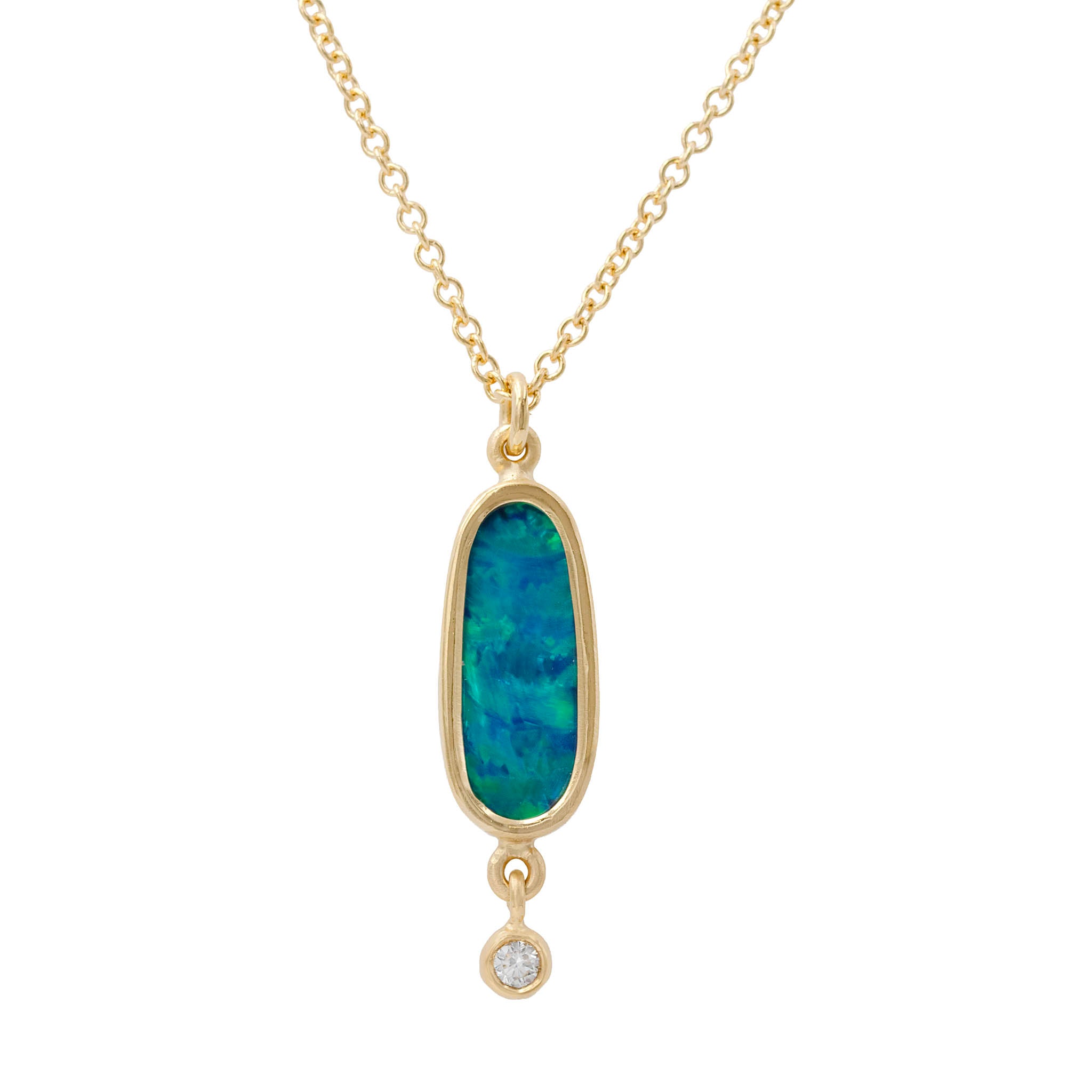 Bezel Set Opal Pendant With Diamond Drop Necklace