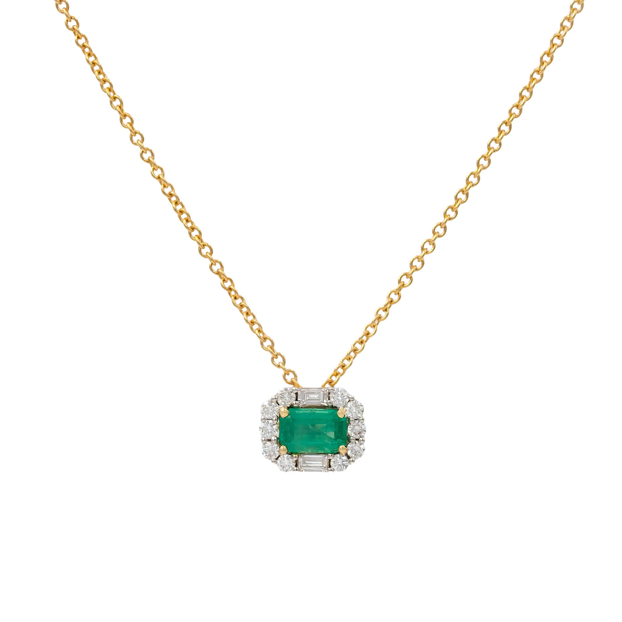 Emerald Cut Emerald With Round And Baguette Diamond Halo Pendant