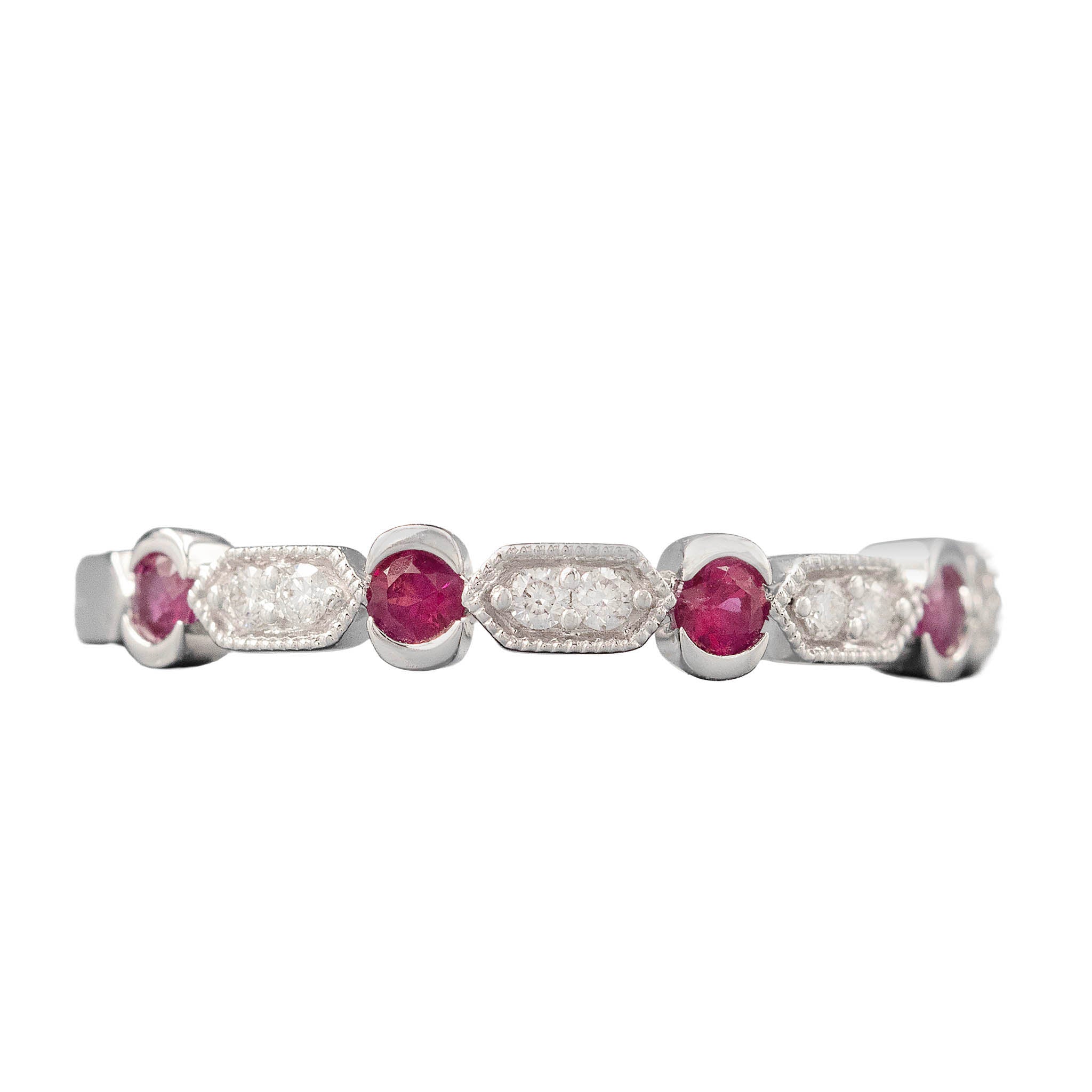Alternating Ruby And Milgrain Diamond Station Band Ring