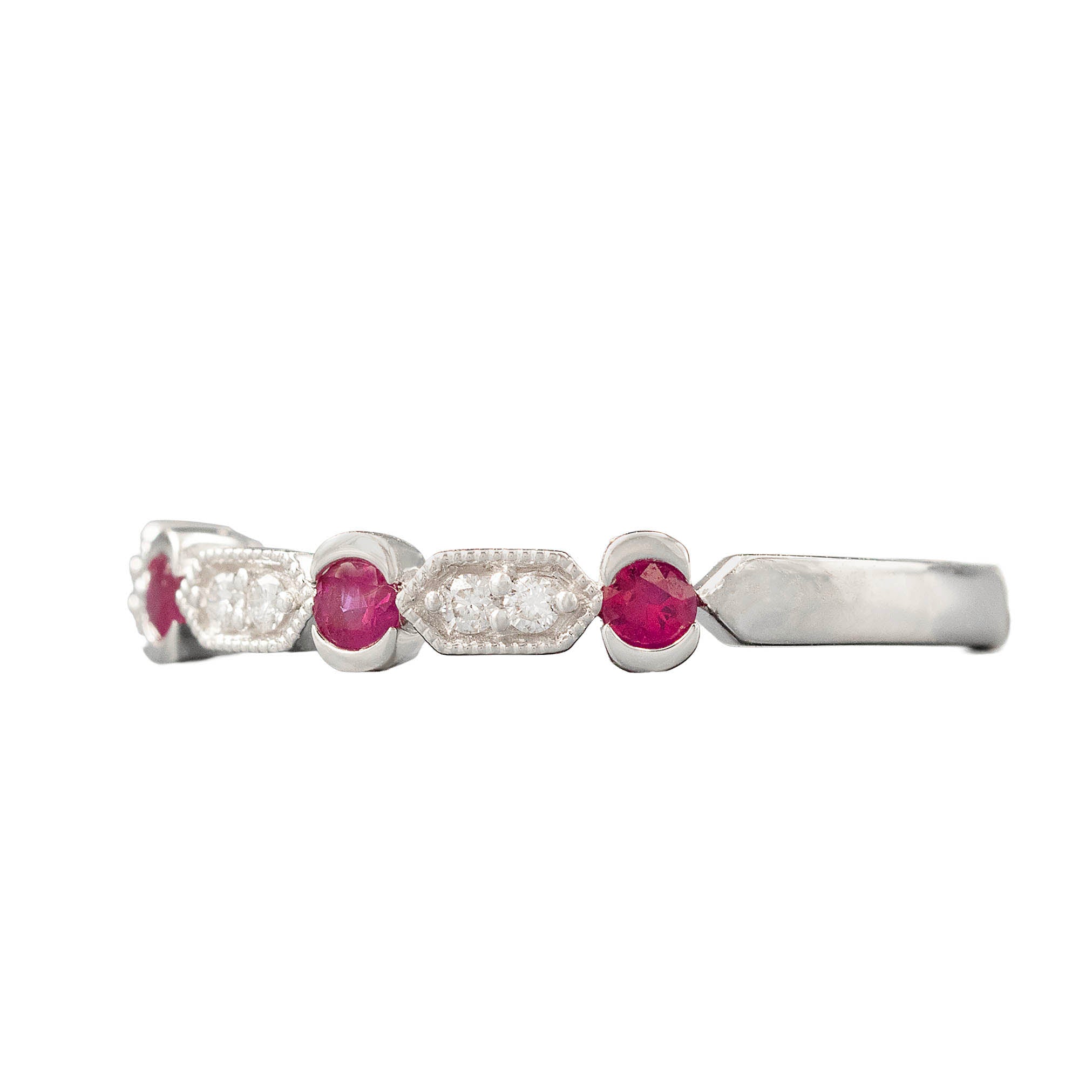 Alternating Ruby And Milgrain Diamond Station Band Ring
