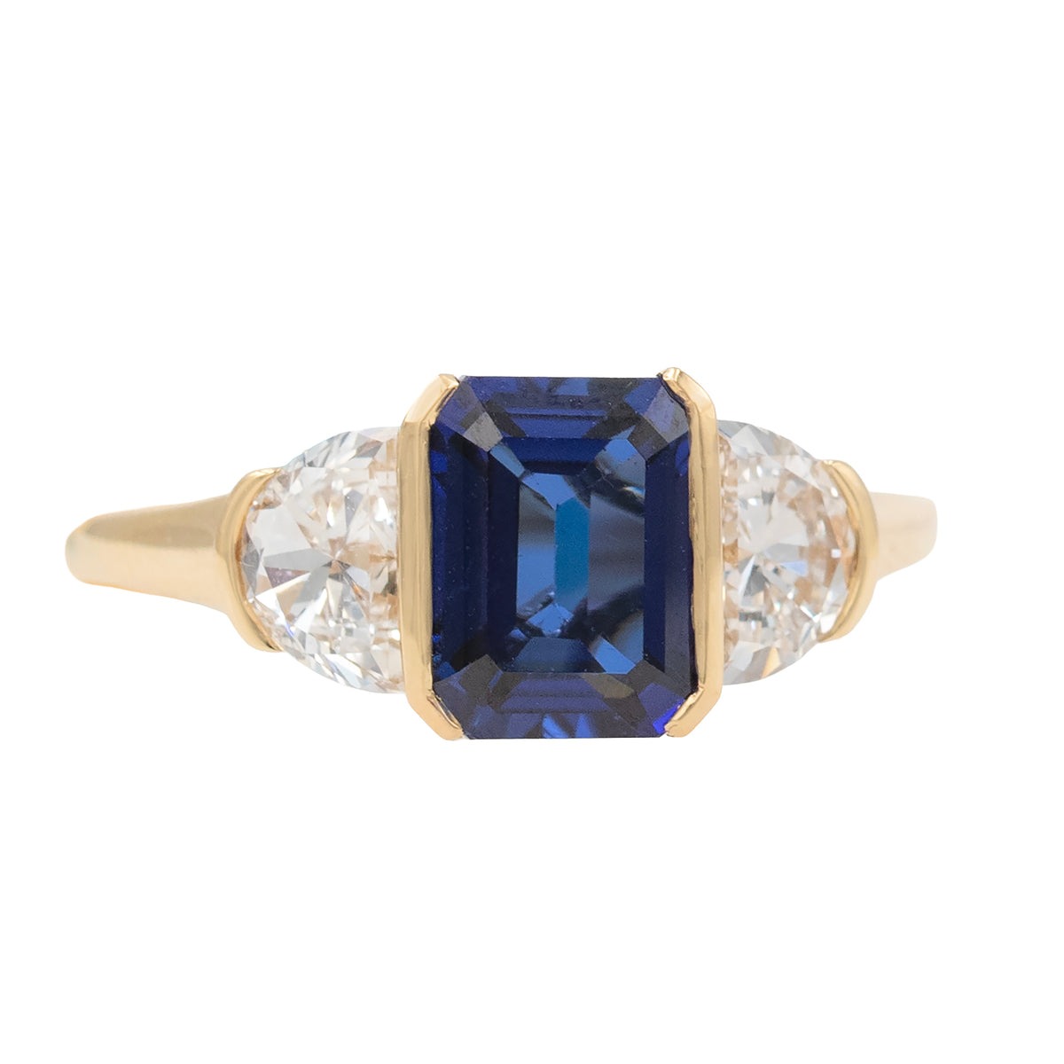 Emerald Cut Lab Grown Sapphire With Half Moon Lab Grown Diamonds Three-stone Ring