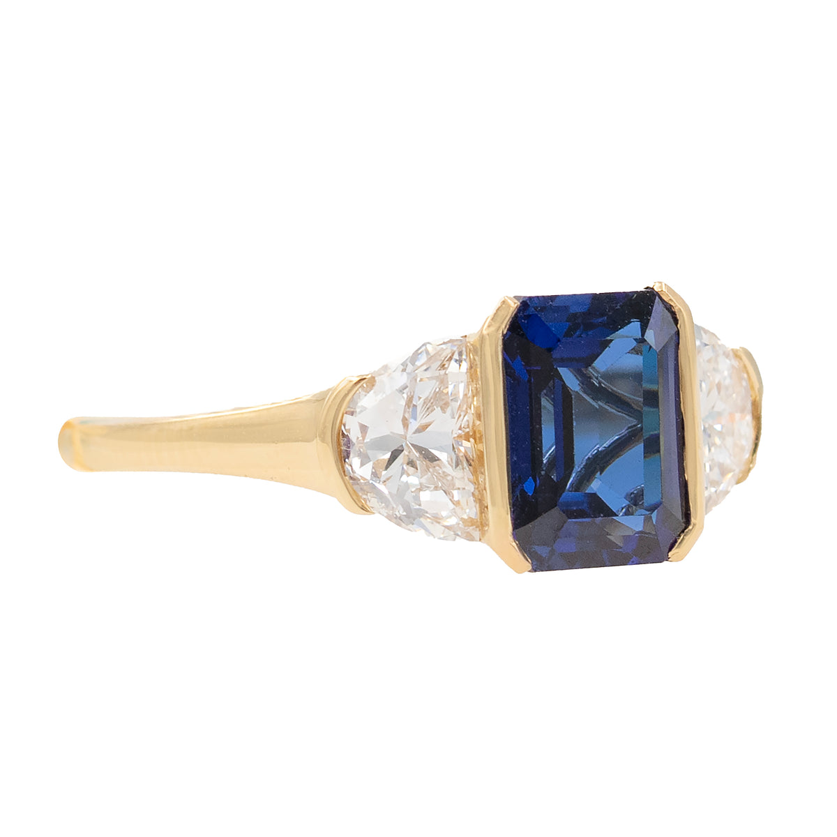 Emerald Cut Lab Grown Sapphire With Half Moon Lab Grown Diamonds Three-stone Ring