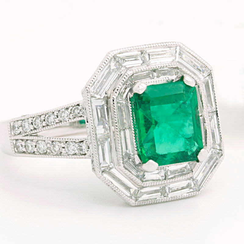 Deco-Style Large Emerald Ring Surrounded By Baguette And Round Diamonds