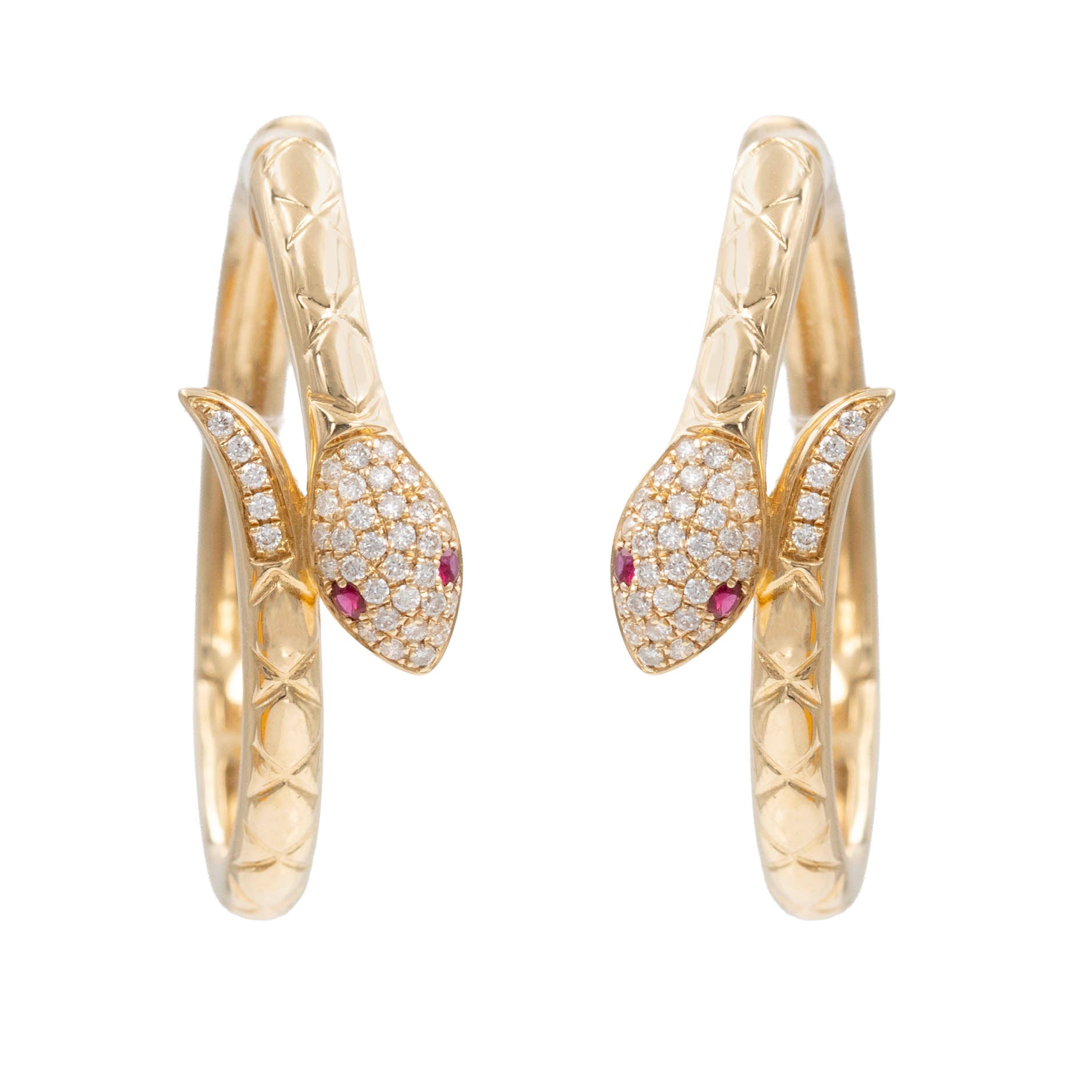 Snake Motif Hoop Earring With Diamonds And Ruby Eyes
