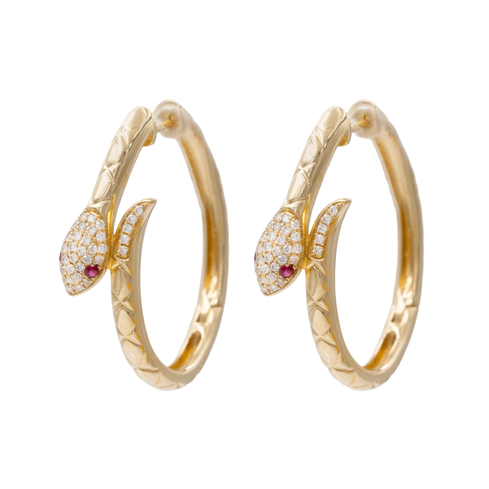 Snake Motif Hoop Earring With Diamonds And Ruby Eyes