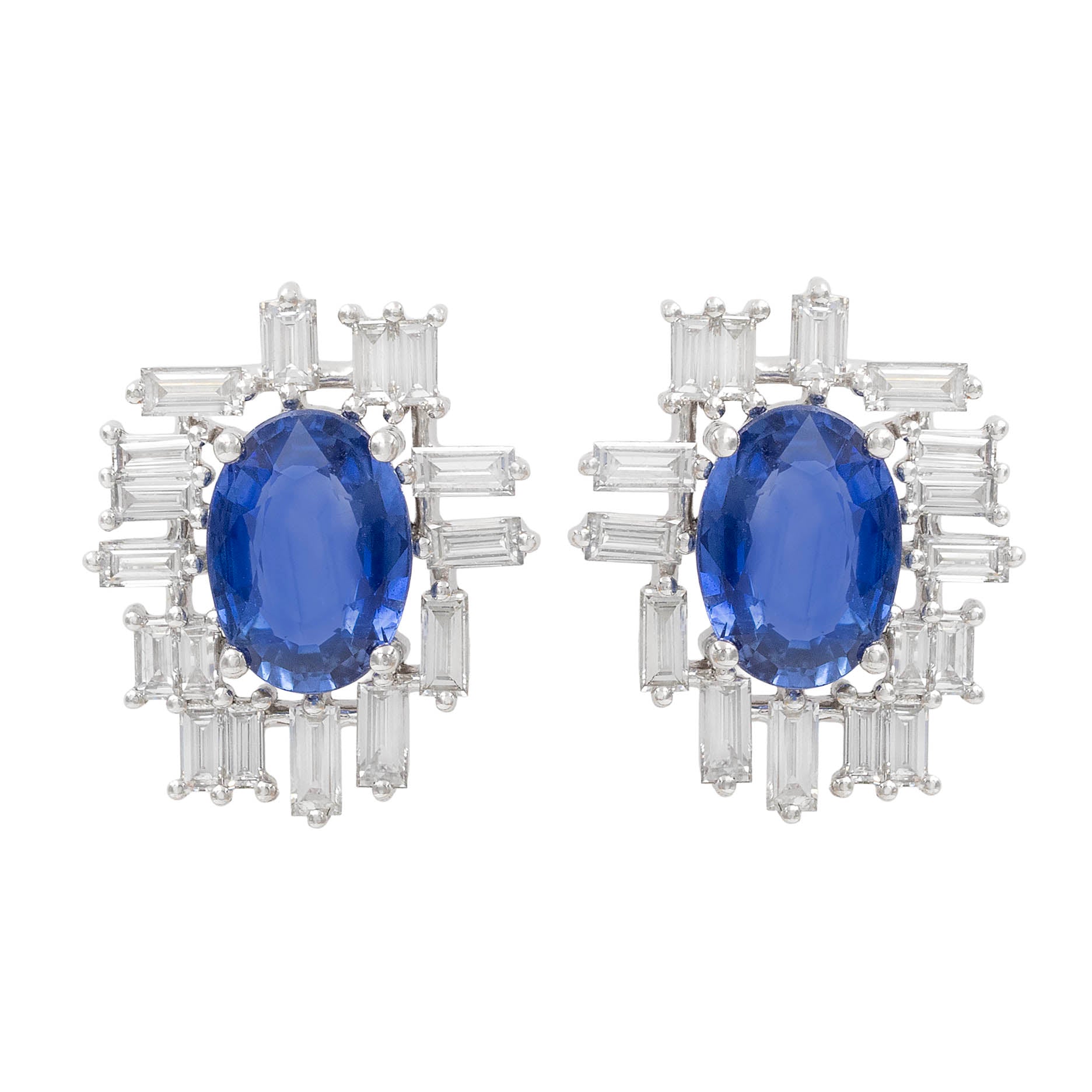 Oval Sapphire With Baguette Diamond Halo Button Earring