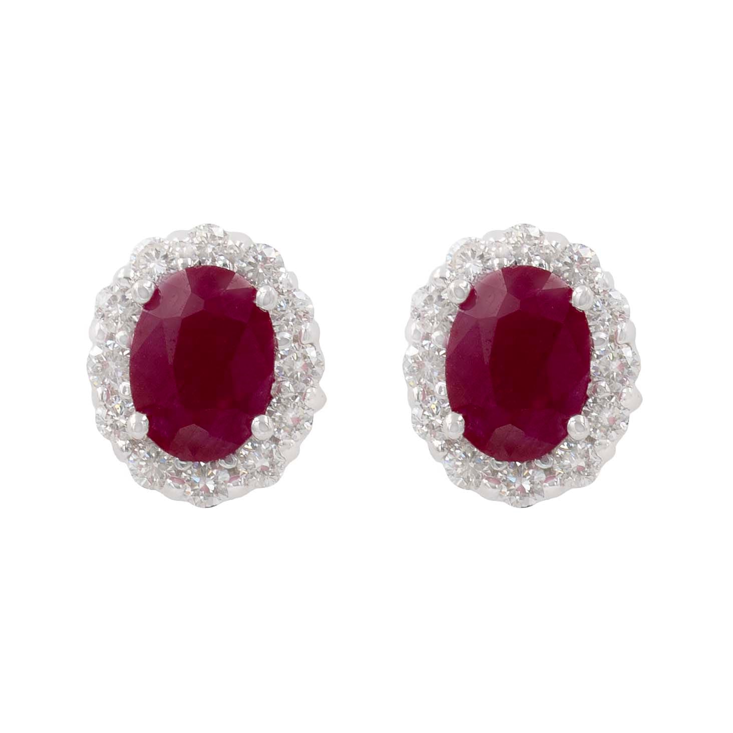 Oval Ruby Stud Earrings With Diamond Halo