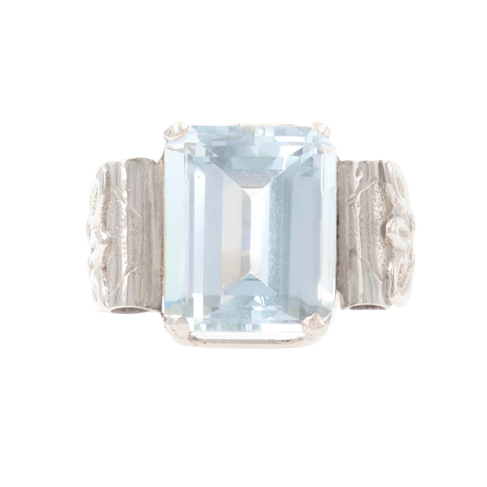 Retro Style Emerald Cut Aquamarine Ring In White Gold