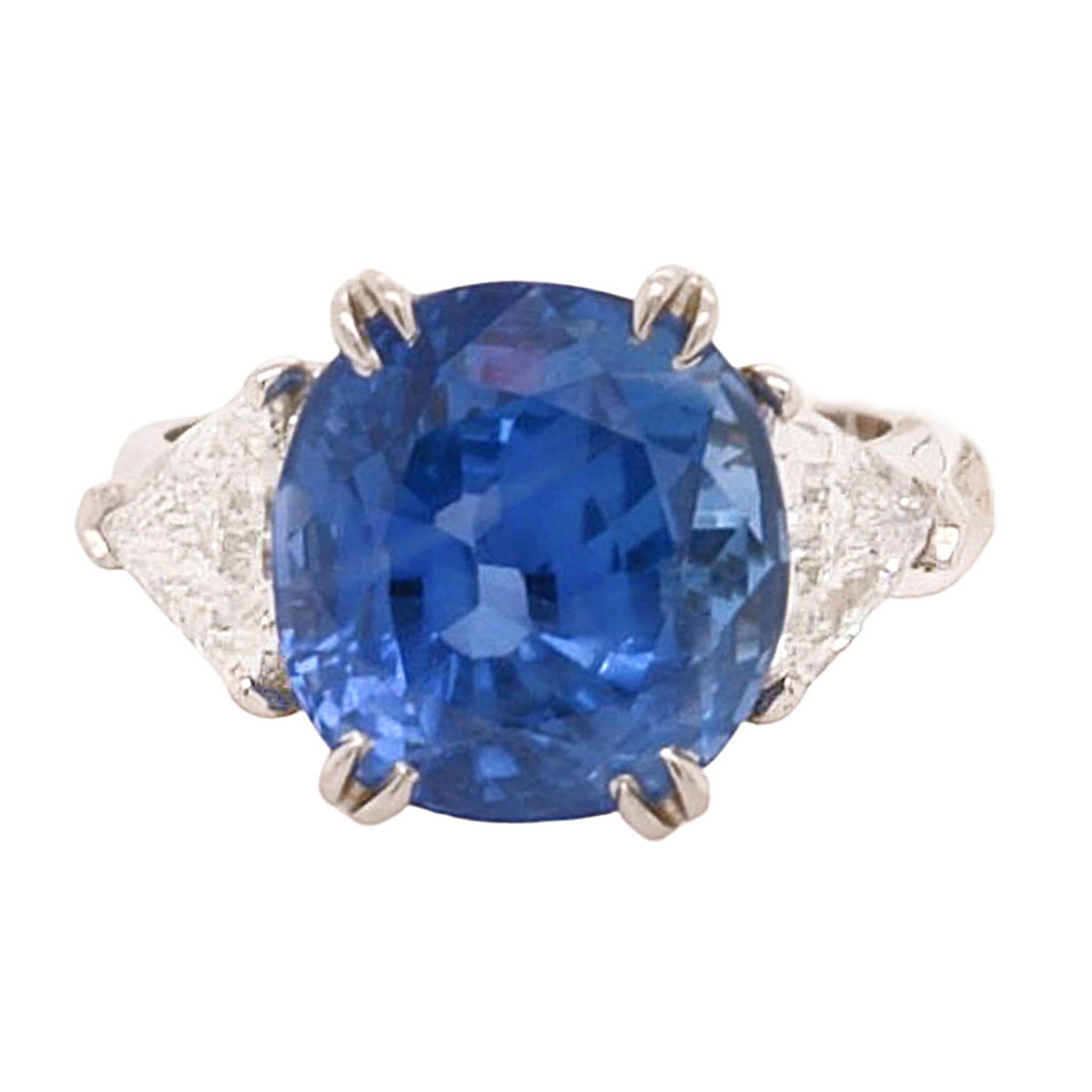 Round Sapphire With Trillion Side Diamonds Ring