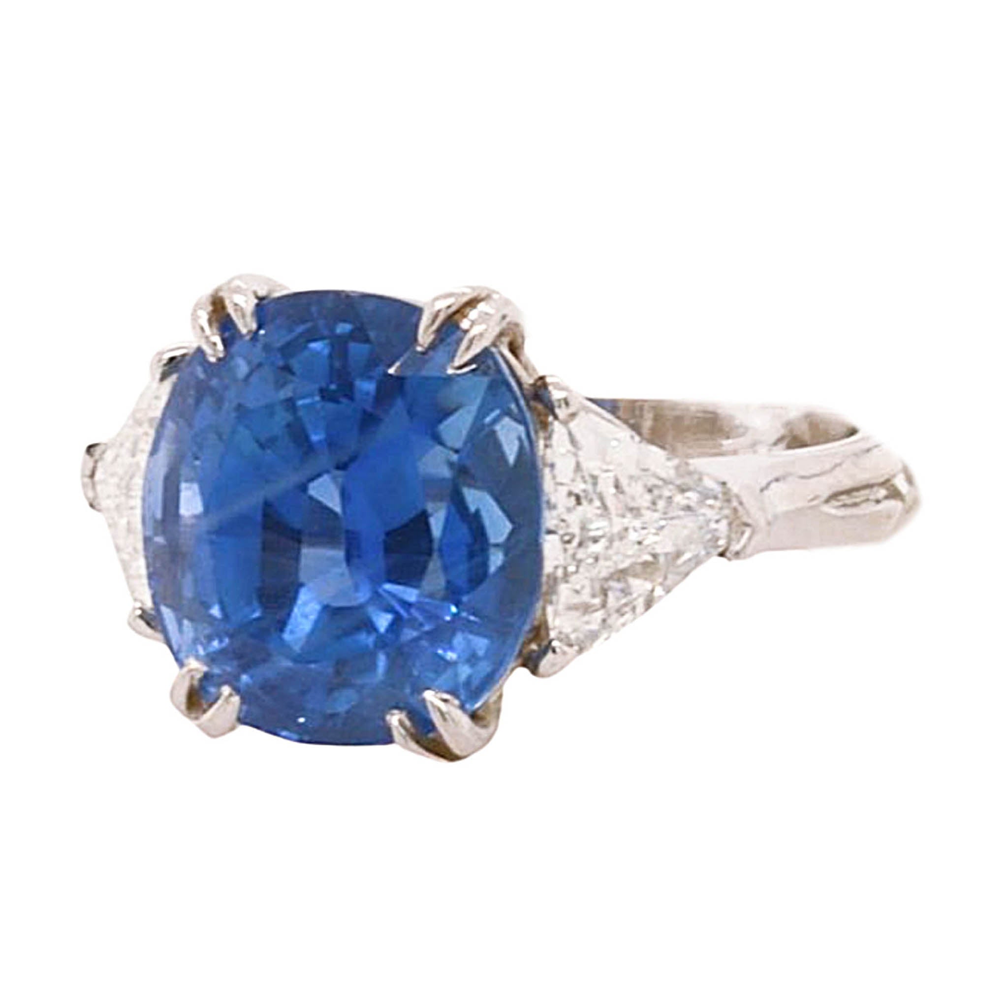 Round Sapphire With Trillion Side Diamonds Ring