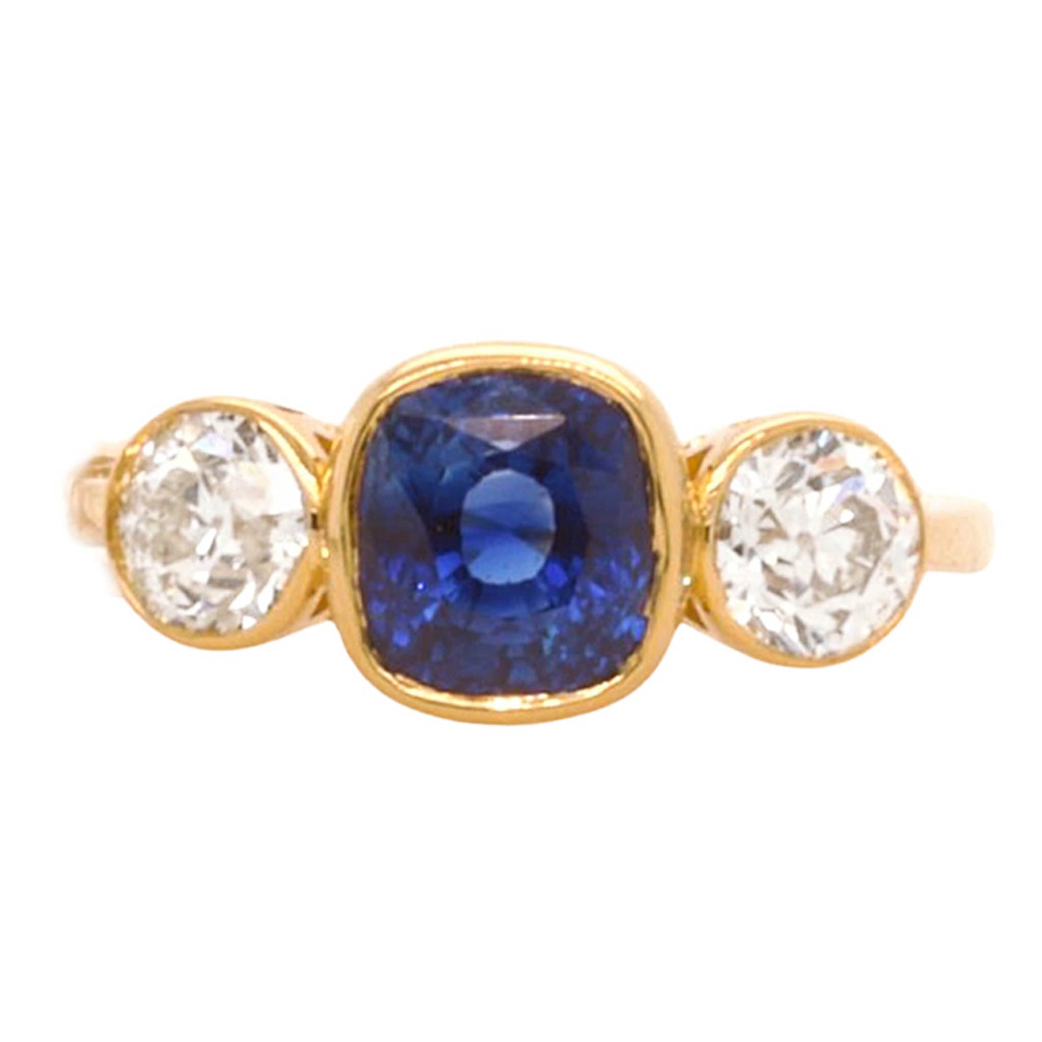 Cushion Cut Sapphire Bezel Set With Bezel Set Side Diamonds Ring