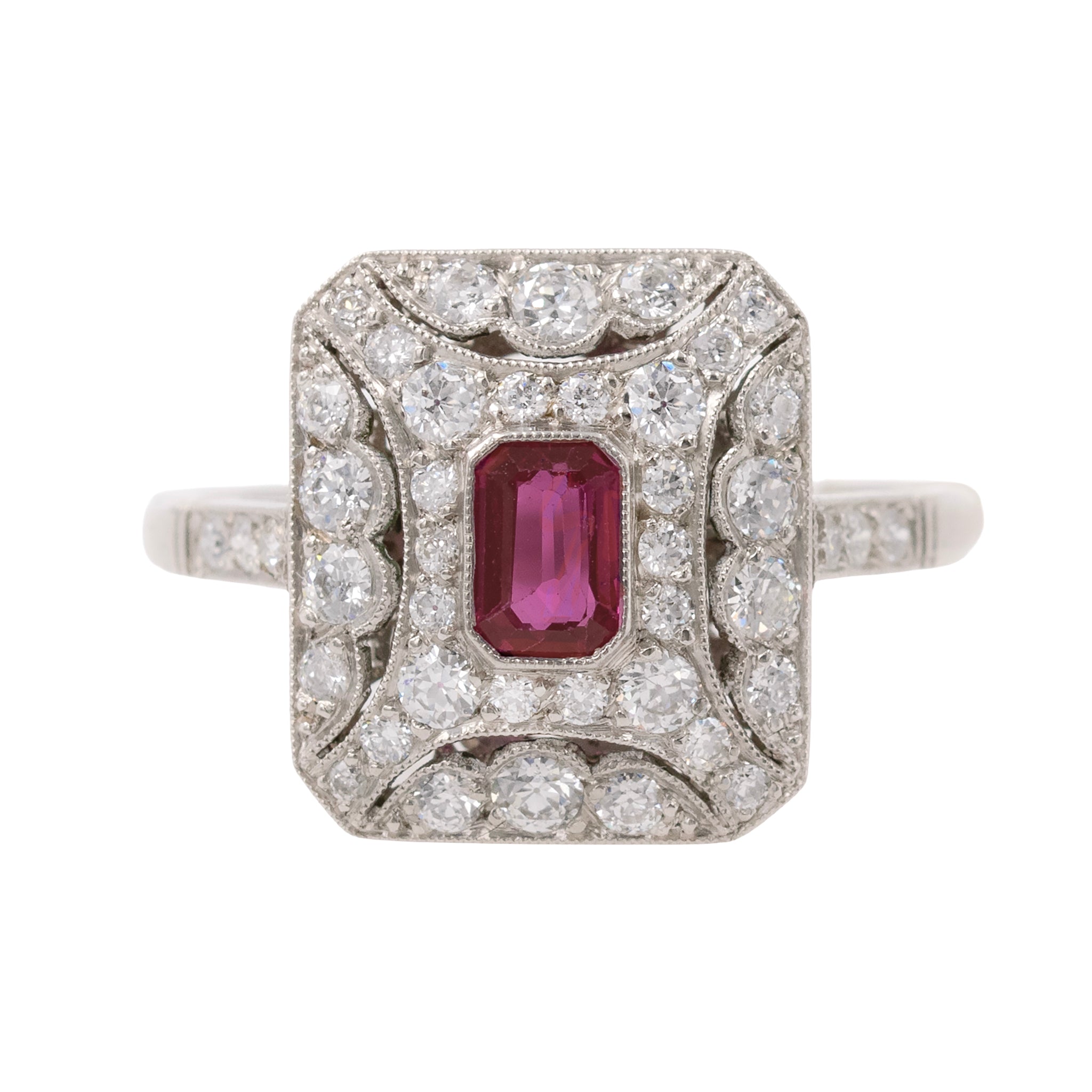 Deco Style Emerald Cut Ruby Dinner Ring With Diamonds Surrounding