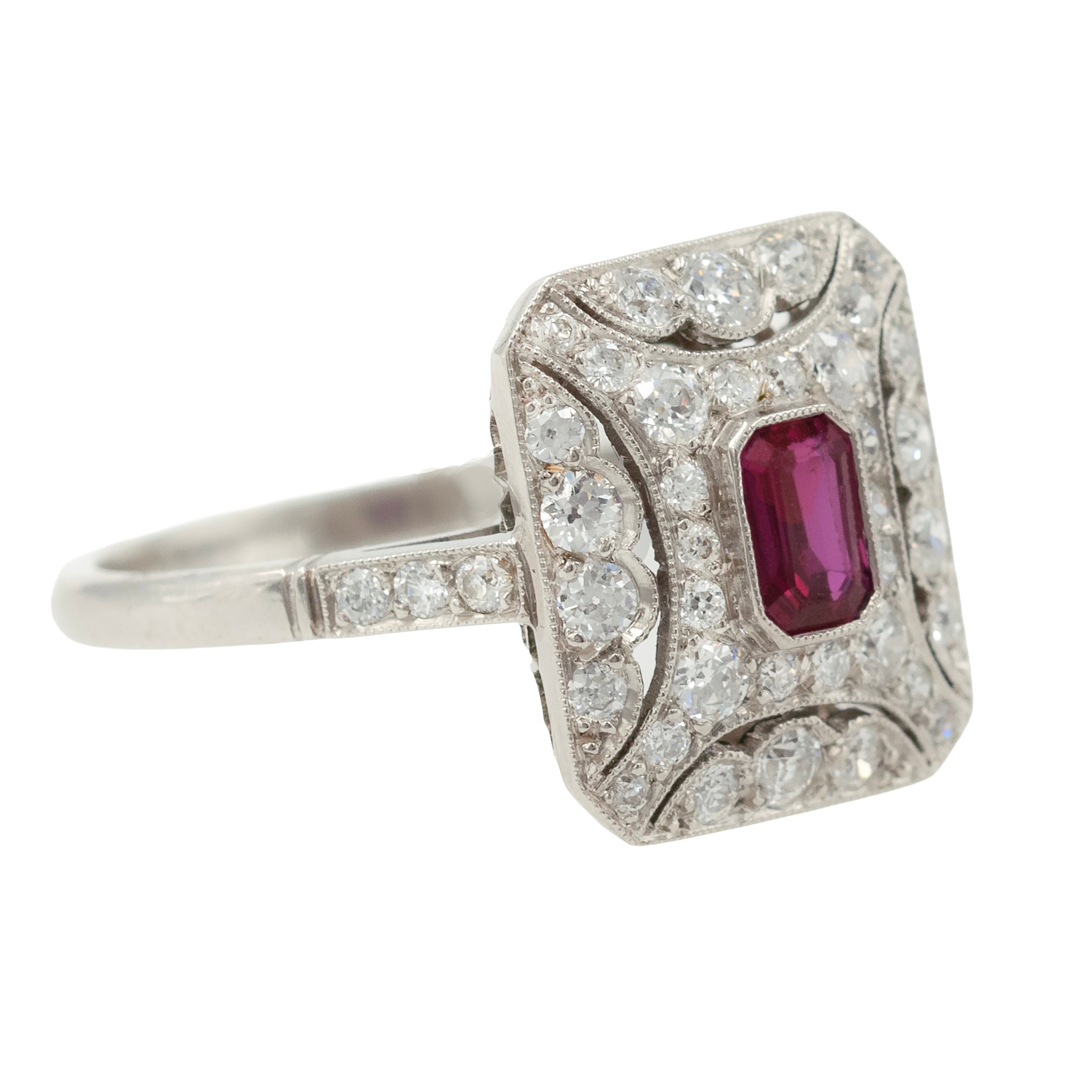 Deco Style Emerald Cut Ruby Dinner Ring With Diamonds Surrounding