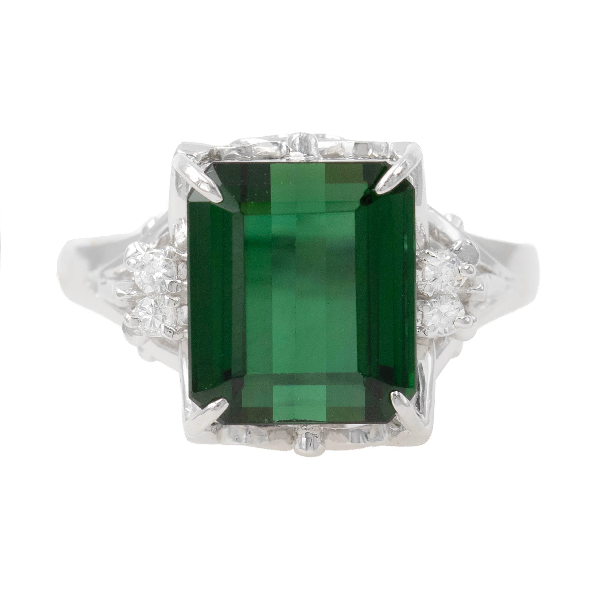 Emerald Cut Green Tourmaline Ring With Side Diamonds