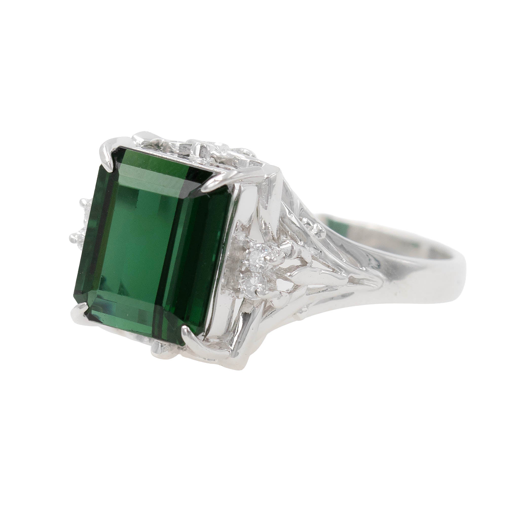 Emerald Cut Green Tourmaline Ring With Side Diamonds