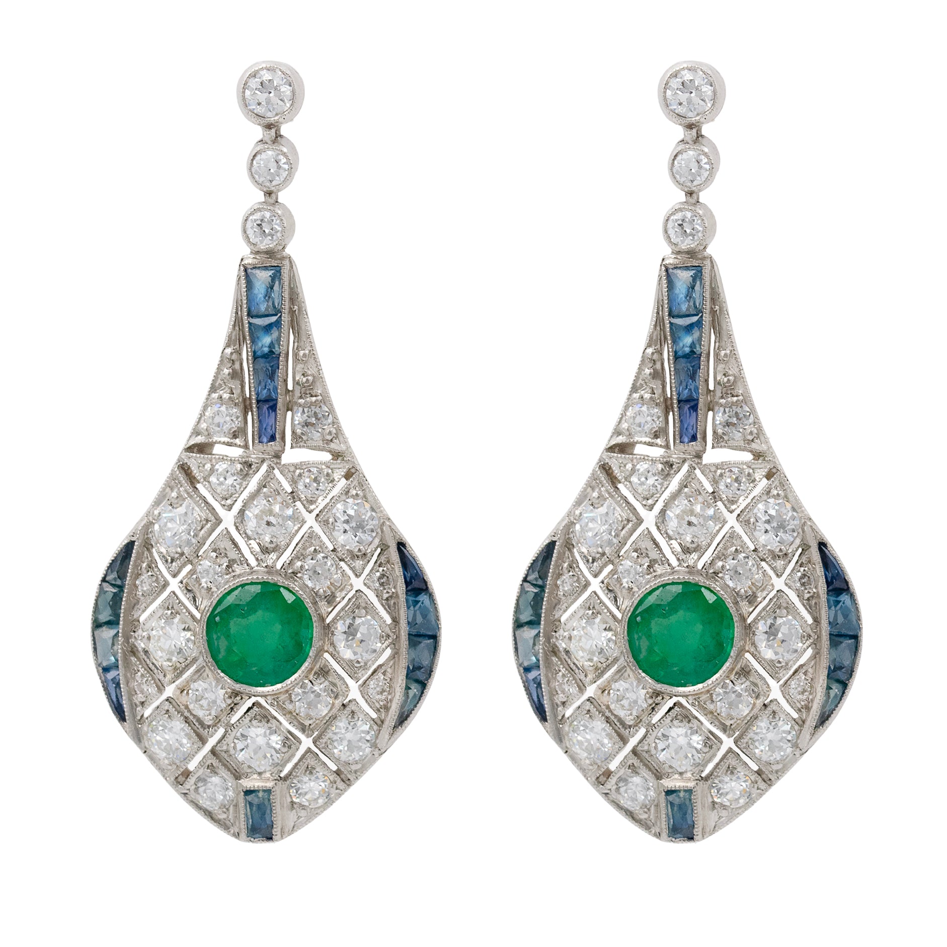 Diamond Emerald And Sapphire Handmade Drop Earrings In Platinum