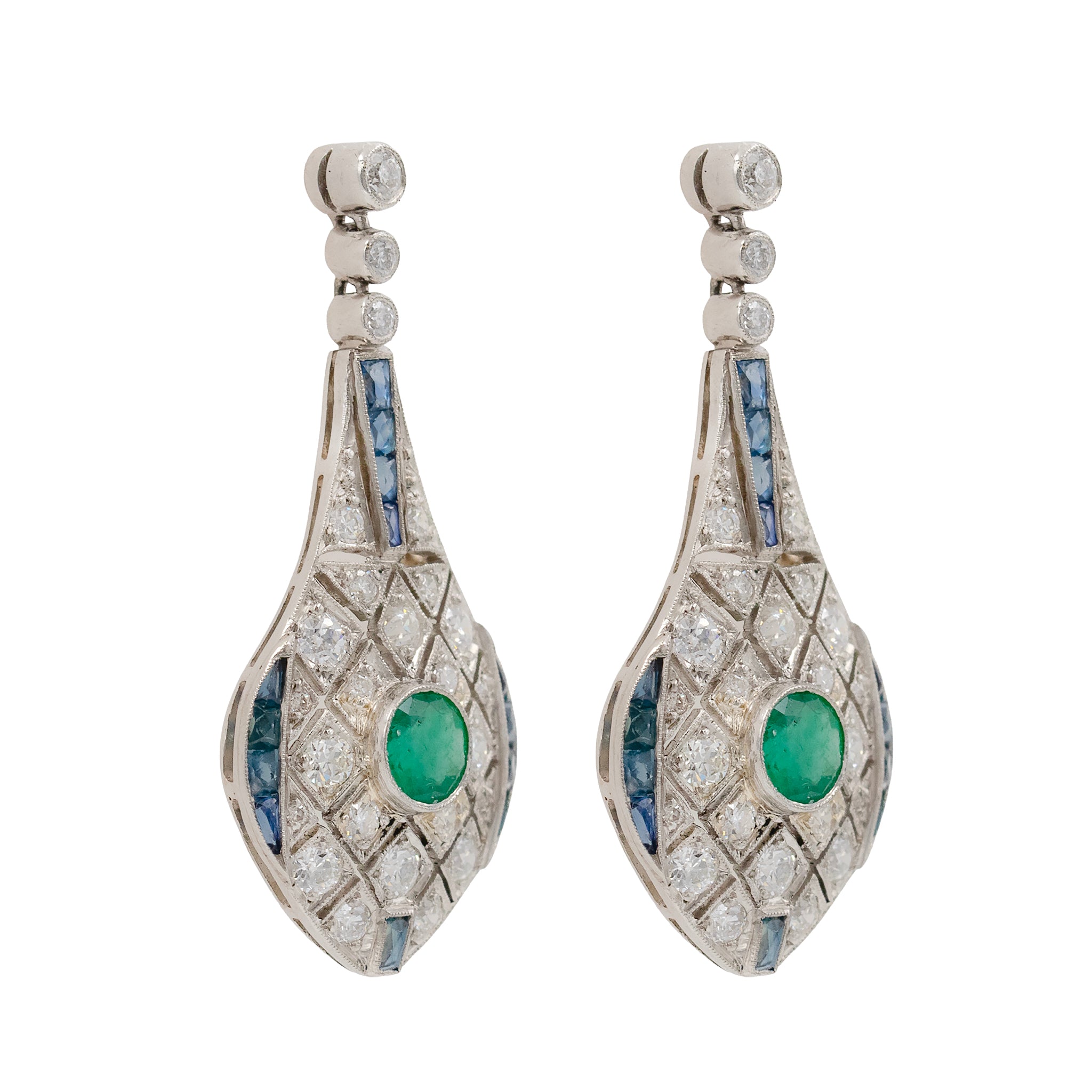 Diamond Emerald And Sapphire Handmade Drop Earrings In Platinum