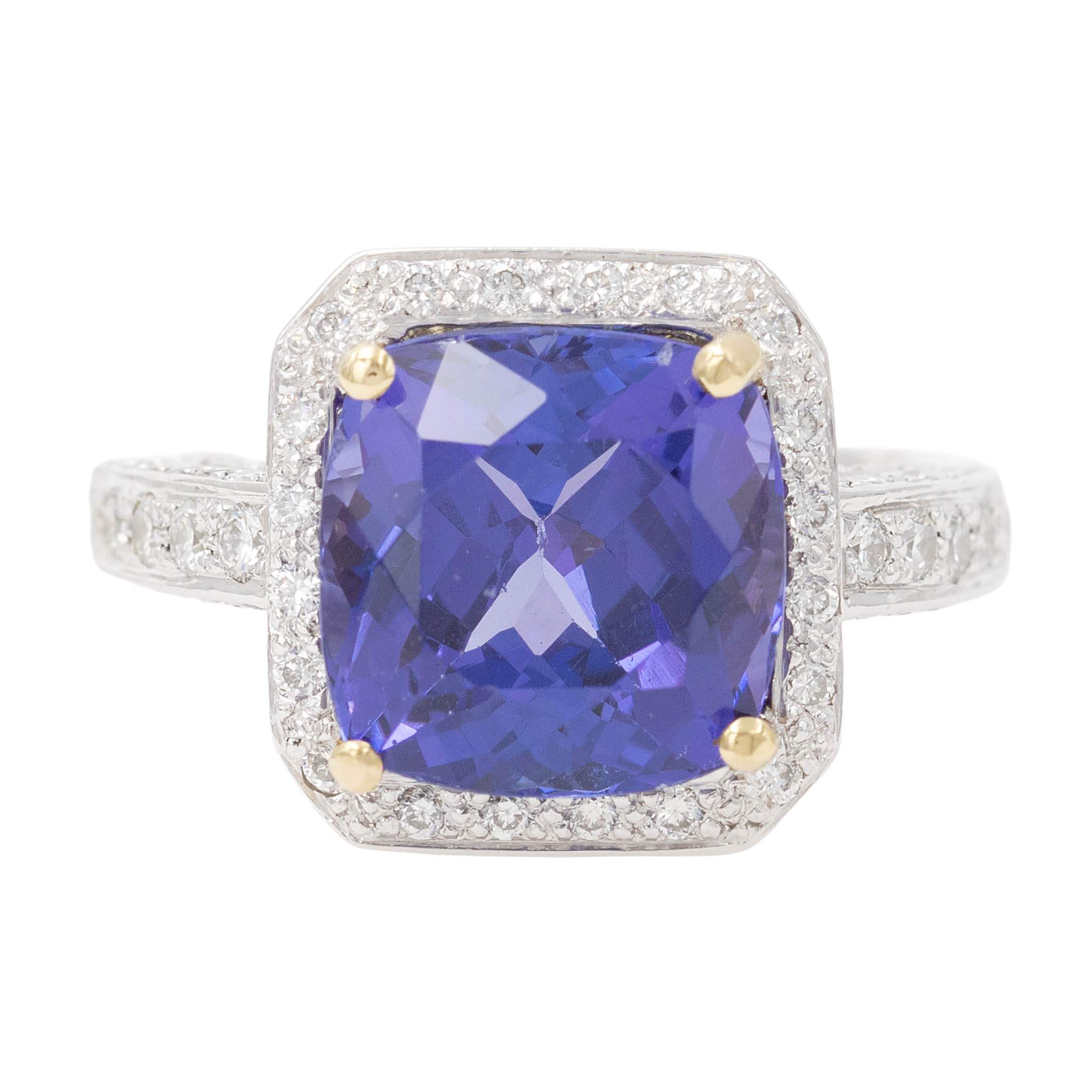Cushion Tanzanite Ring With Diamond Halo And Shank