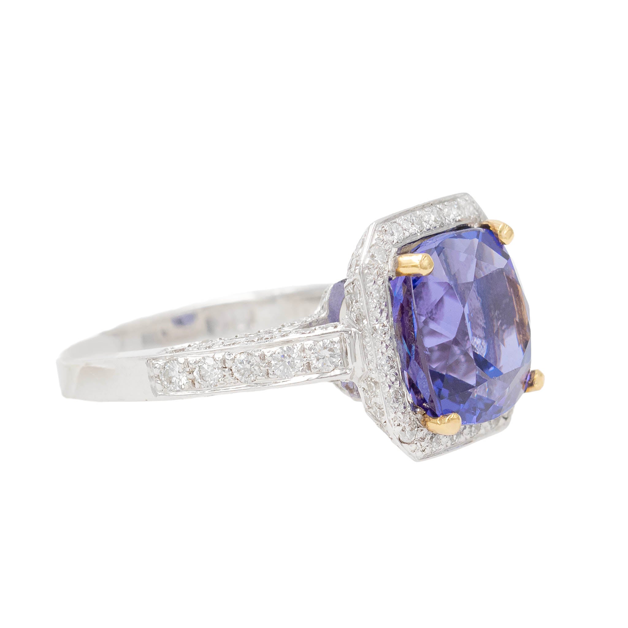 Cushion Tanzanite Ring With Diamond Halo And Shank
