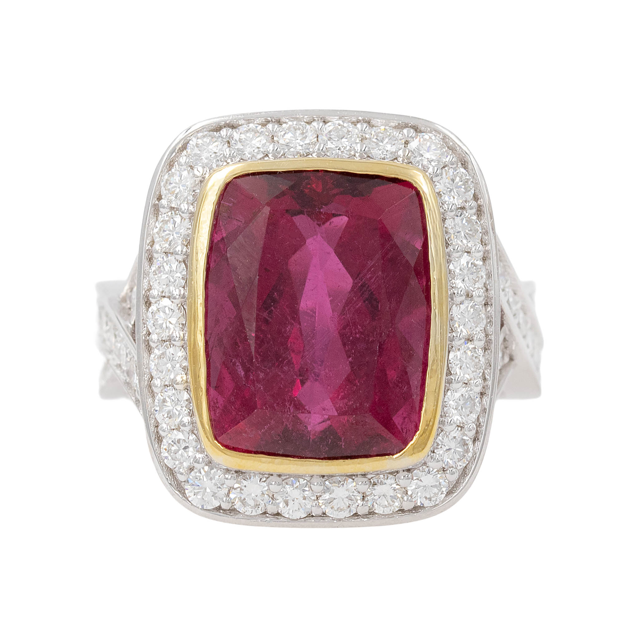 Large Rubellite Garnet With Diamond Halo And Shank Ring