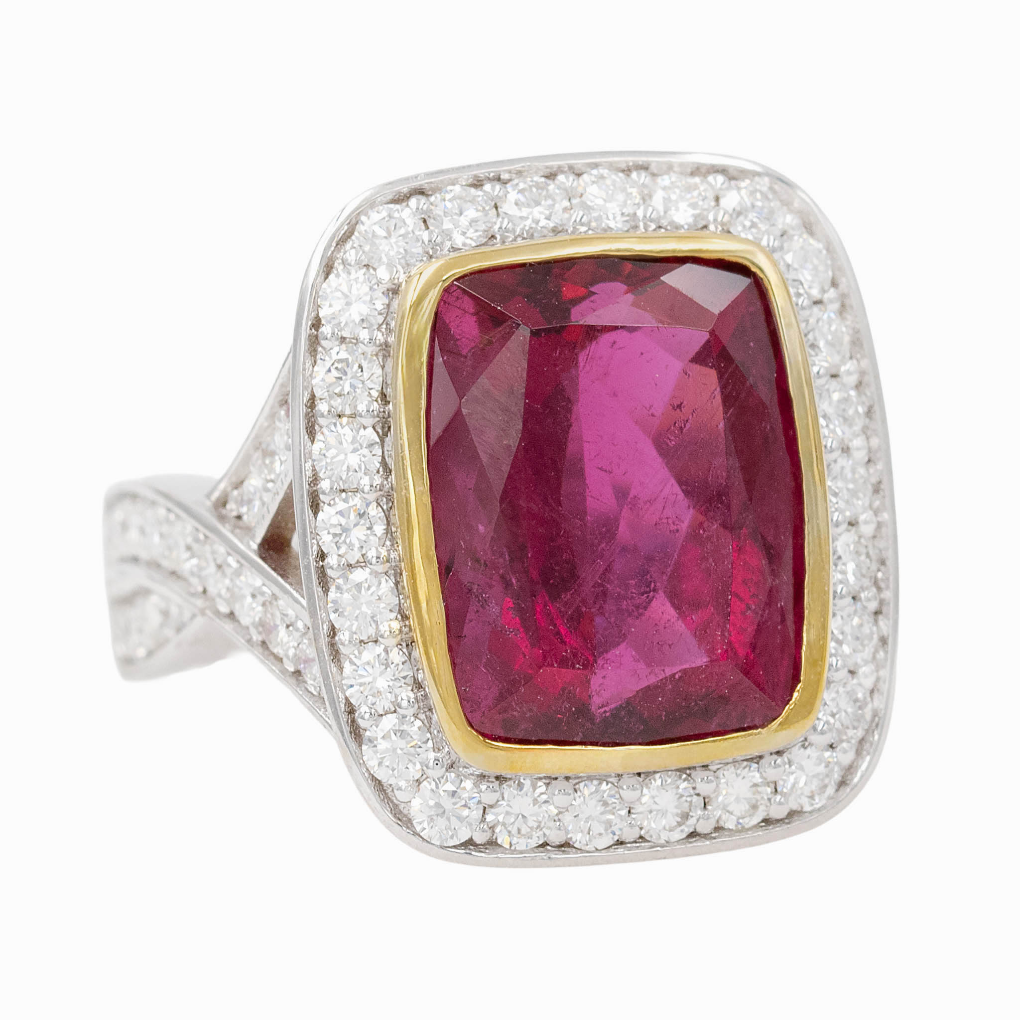 Large Rubellite Garnet With Diamond Halo And Shank Ring